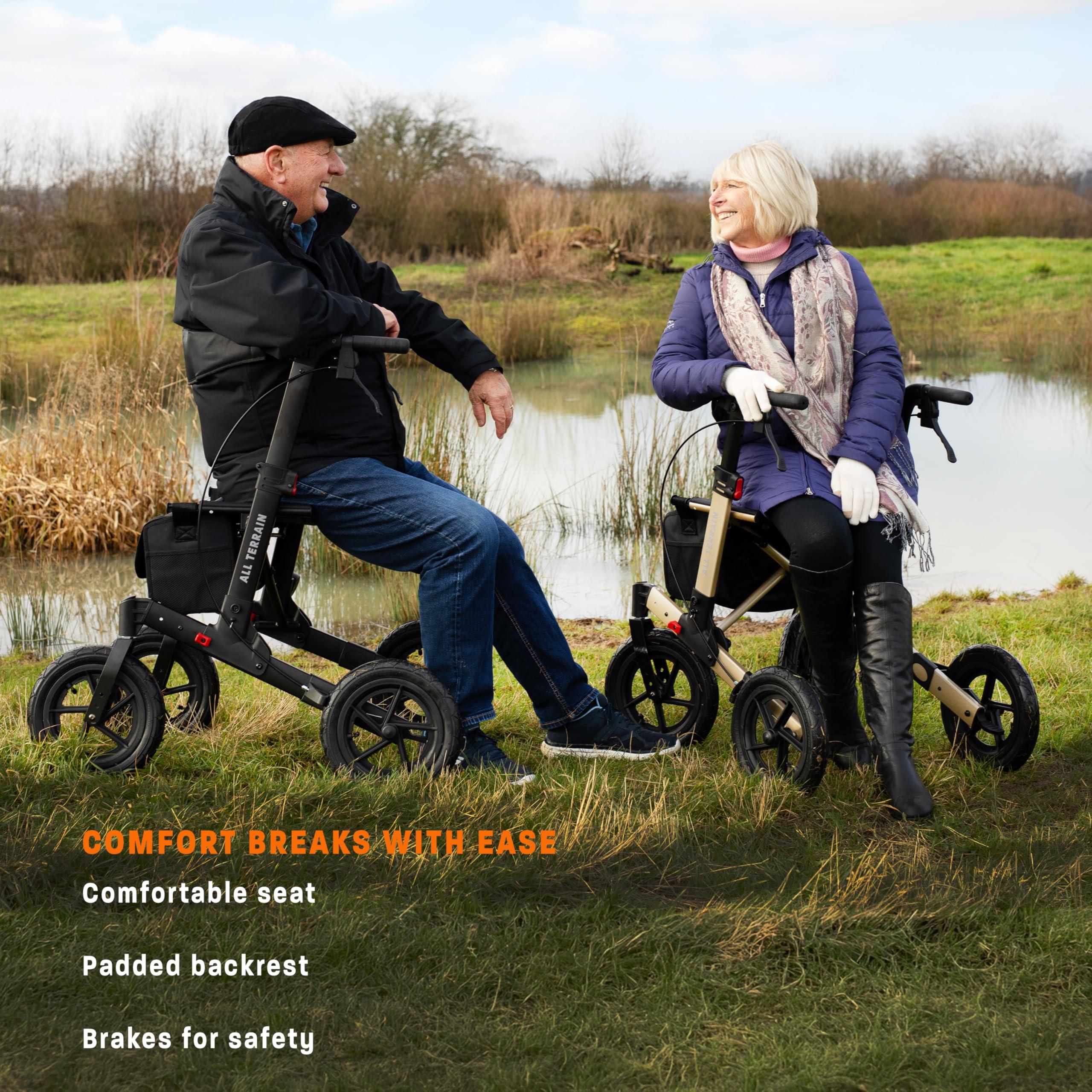 MobiQuip MobiQuip All Terrain 4 Wheel Walker with Seat, Folding Rollator with Large Wheels, Lightweight and Easy to Manoeuvre Over All Terrains, Walker for Adults Mobility or Walking Aid (Champagne)