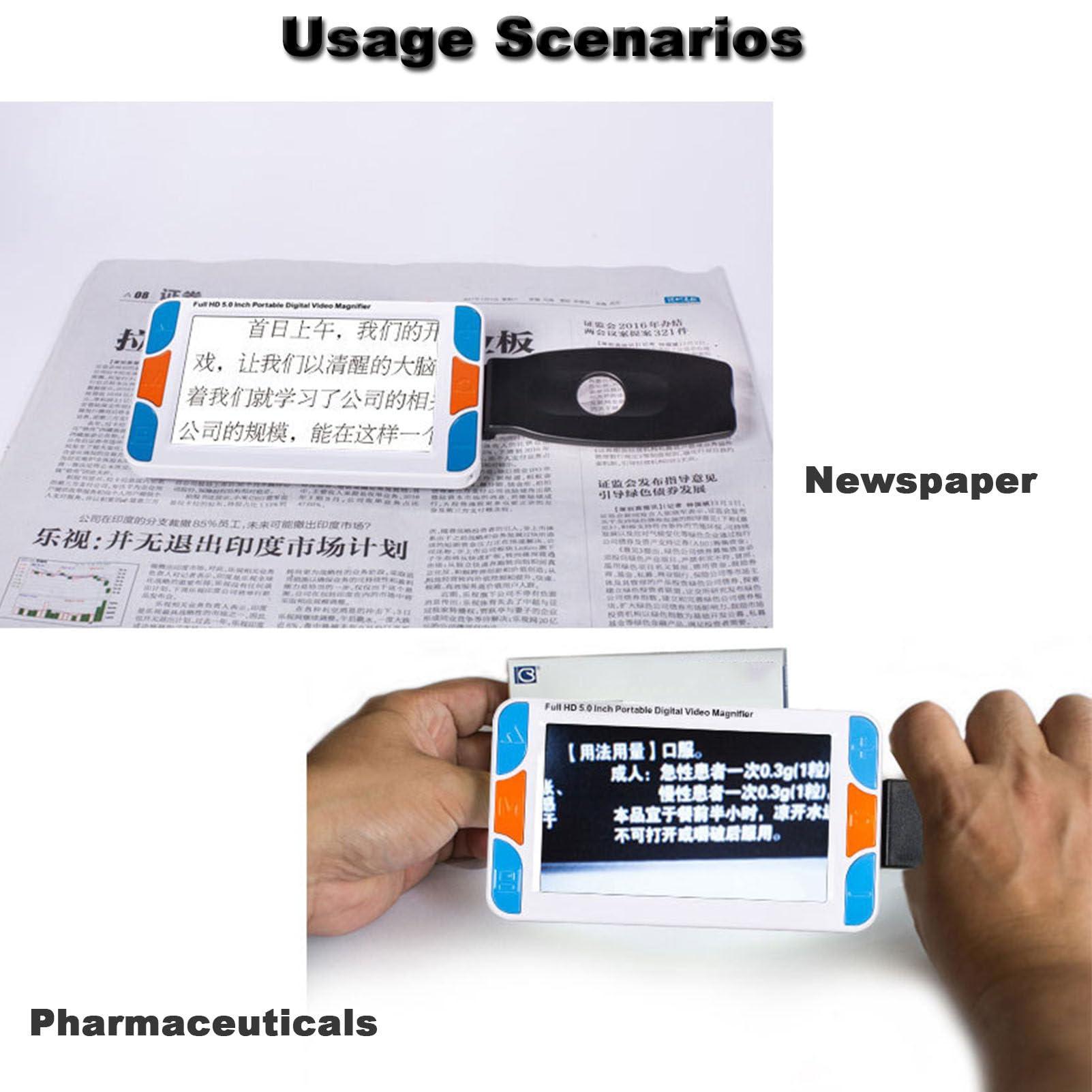 FreshCart Basics Magnifying Glasses for Reading,Handheld Digital Magnifier, 5 Inch Color HD Portable Digital Video Magnifier, 3X-48X Zoom Electronic Reading Aid for Low Vision Color Blindness Ambly