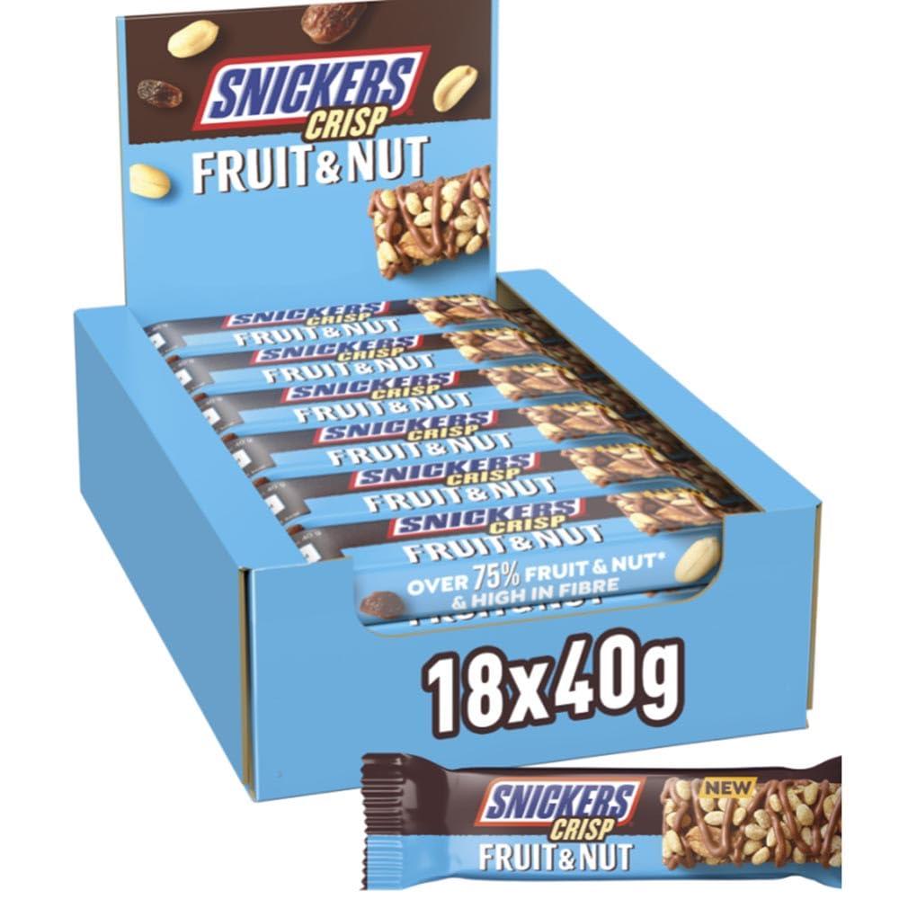Snickers Snickers Crisp Fruit & Nut Milk Chocolate Snack Bars 18 x 40g, Bulk Chocolate Box, Ideal for Gift, Snacks or Hamper
