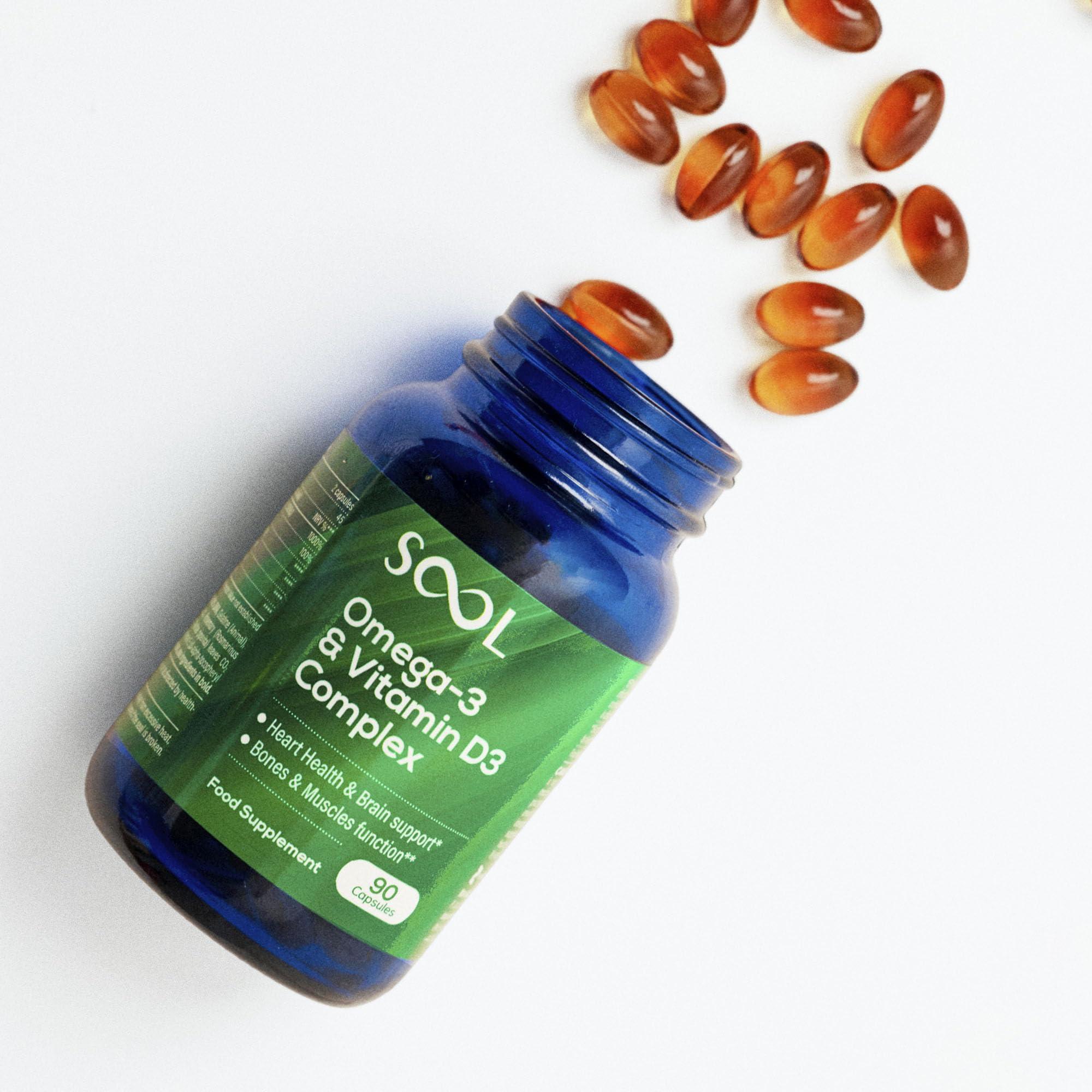 SOOL SOOL Omega-3 & Vitamin D3 Complex Soft Gels, 90 Capsules I 20% EPA & 50% DHA I Two-a-Day Omega-3 Supplement I Vitamin D3 2000IU per Serving I High Absorption Formula I Brain Function & Mental Clarity