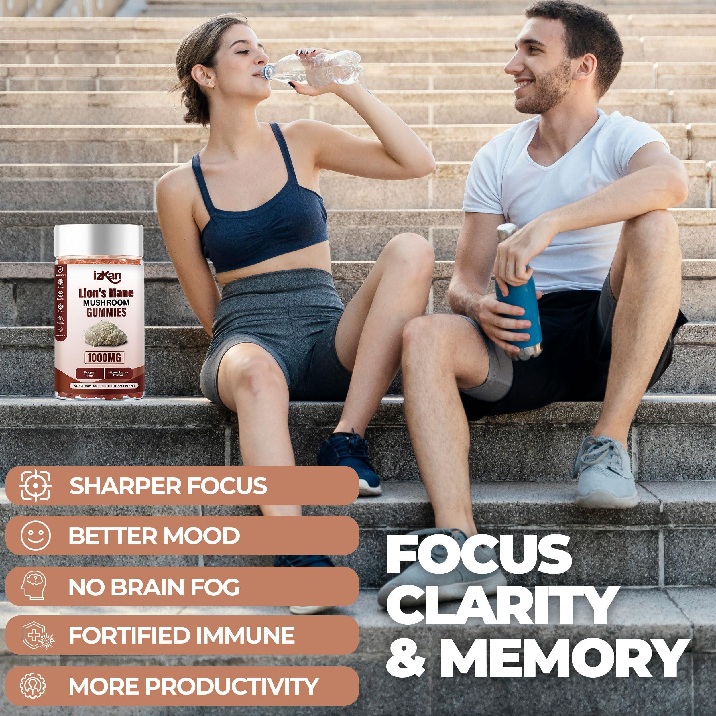 Izkan Mushroom Gummies 1000mg - Lion Mane Mushroom Gummies Supplement Promotes Focus, Memory, and Mood - 60 Count (Mixed Berry Flavor, Halal, Gluten-Free, Vegan) (2)