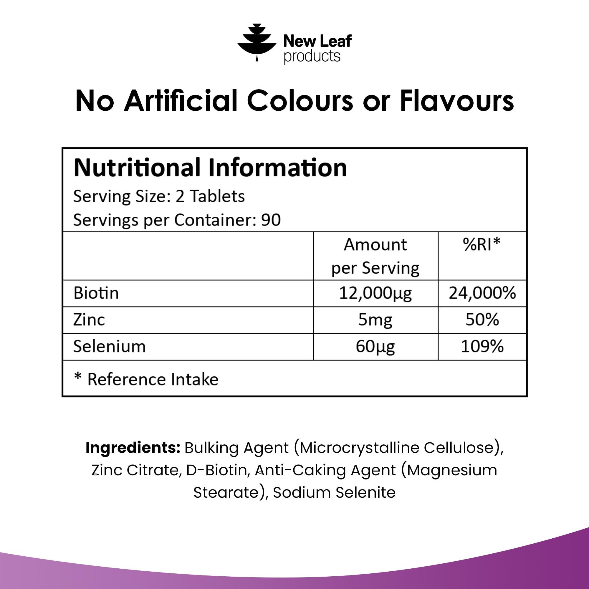 NEW LEAF PRODUCTS Biotin Hair Growth Vitamins 12,000mcg D-Biotin Tablets Enriched with Zinc & Selenium Vegan Hair Skin & Nails Vitamins for Women and Men High Strength Hair Vitamins 6 Months Supply UK Made - New Leaf