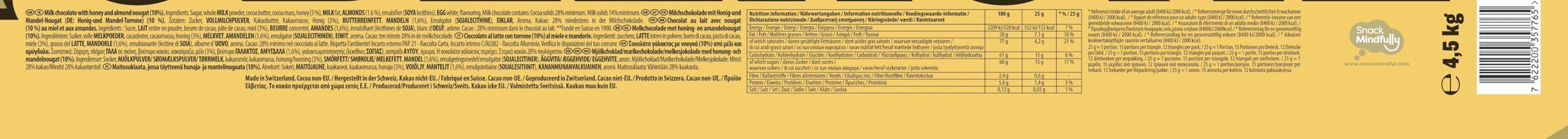 TOBLERONE Toblerone Milk Chocolate Bar, Giant Swiss Chocolate with Honey and Almond Nougat, Jumbo Size, 4.5 kg (Pack of 1)