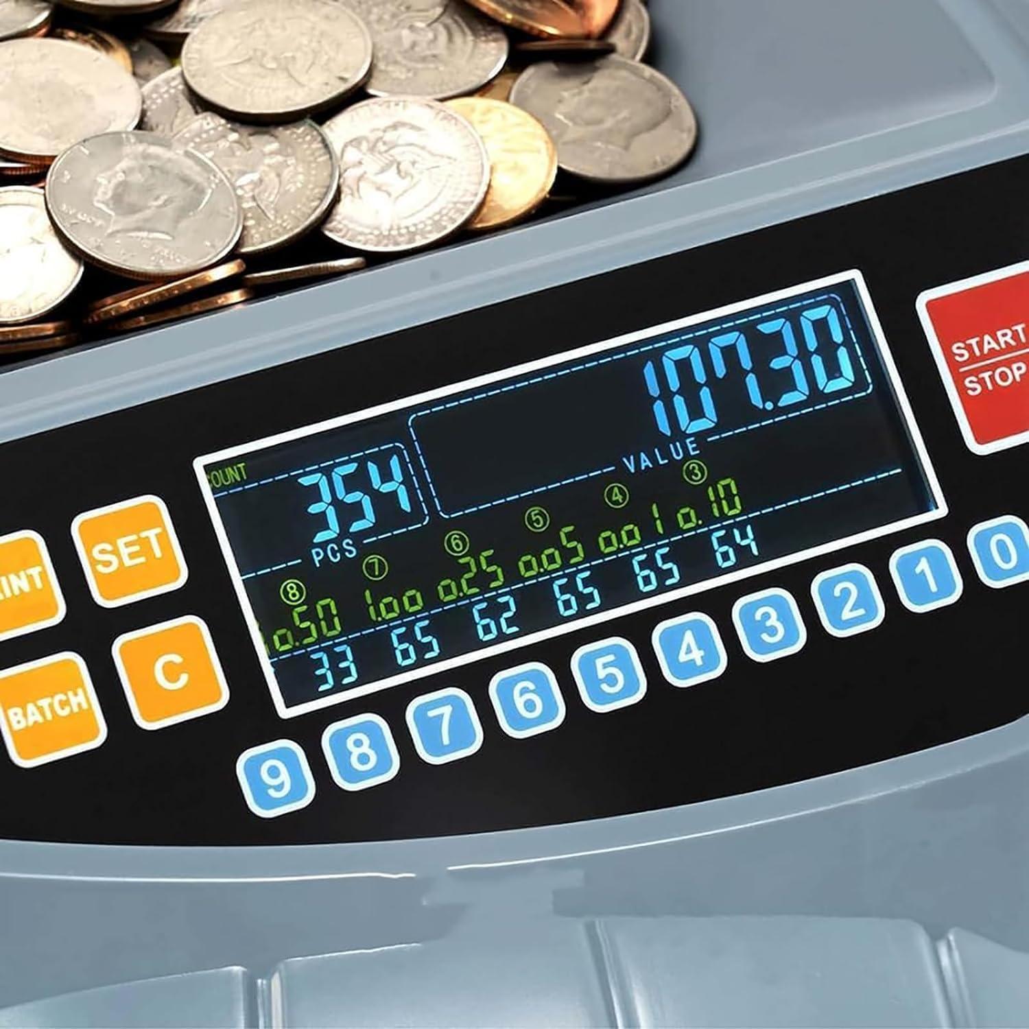 HENLYEN Commercial Coin Counter Machine, Electric Coin Sorter with LED Display, 8 Coin Bins, 216 Units/min and Supports Counting and Sorting, Add and Batch Mode, for Supermarket, Shop, Home, Business.