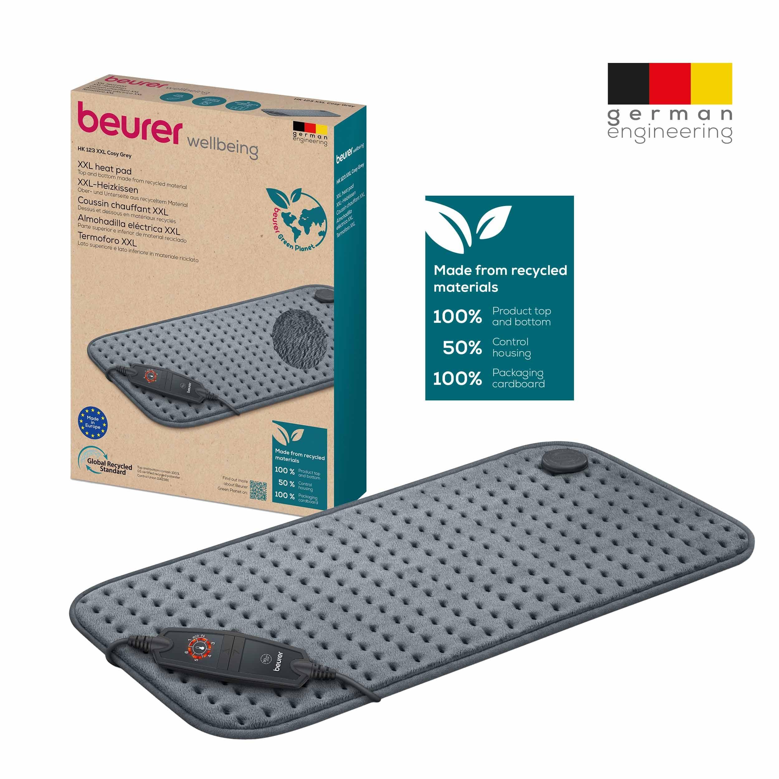 Beurer Beurer HK123 Green Planet Heating Pad, Made in Europe, Top and Bottom Made from 100% Recycled Material, Cuddly Soft, 60 x 30 cm, 6 Temperature Levels and Automatic Shut-Off, Machine Washable, Grey
