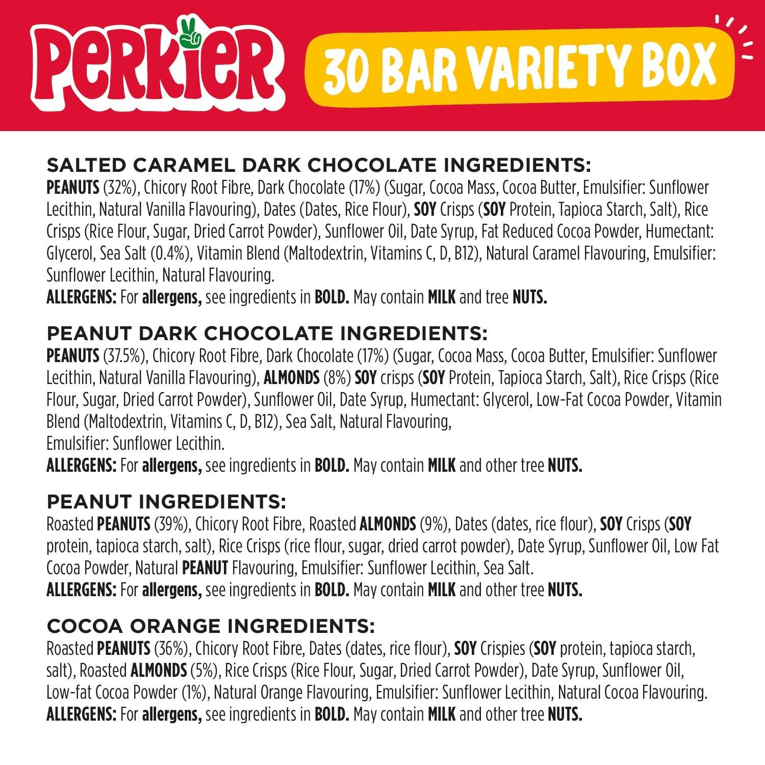 Perkier Perkier Variety Box (30 bars) Vegan - Gluten Free - Protein Packed - Lower Sugar - High Fibre - Snack Bars