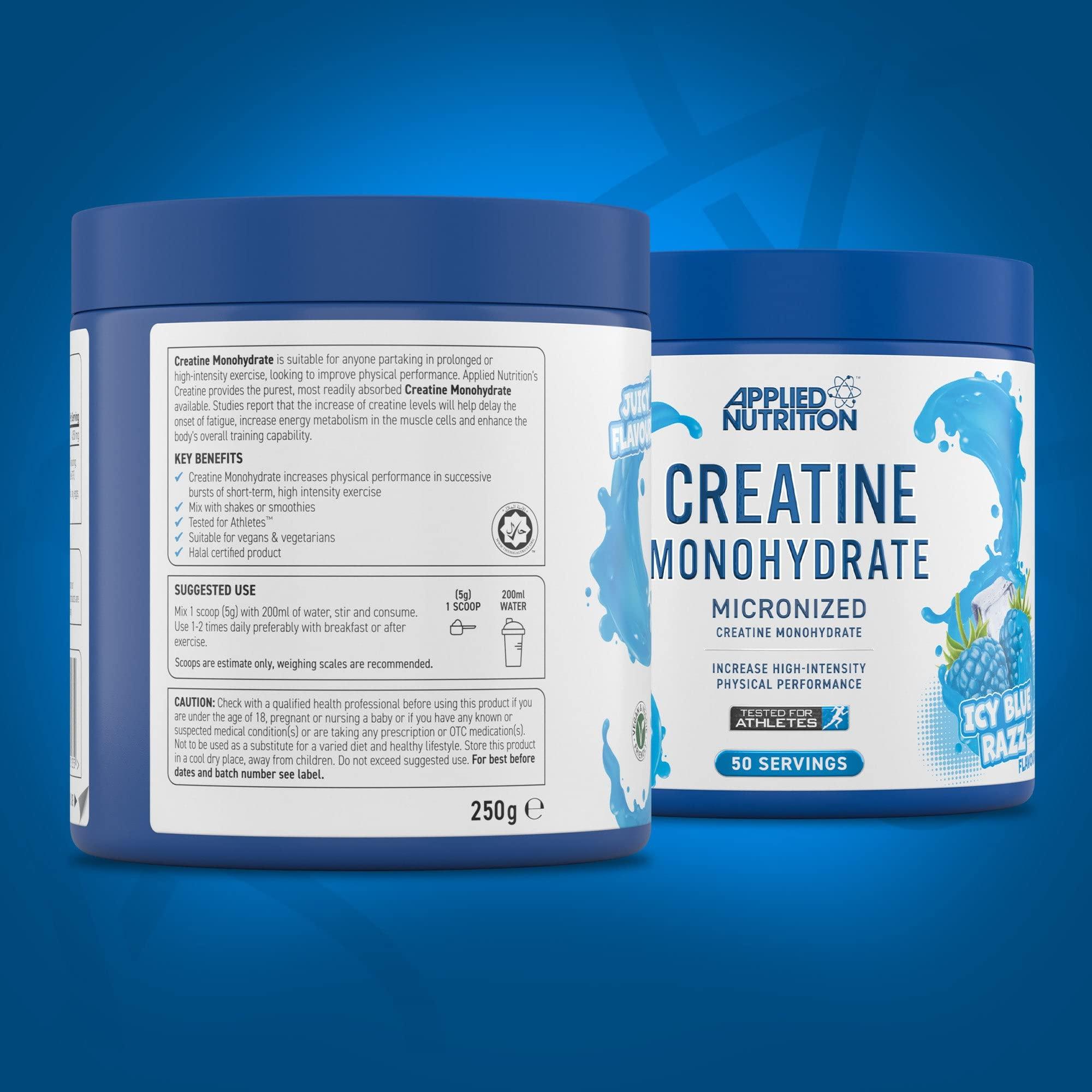 Applied Nutrition Applied Nutrition Creatine + 700ml Shaker | Creatine Monohydrate Micronized Powder with Flavour, Increases High-Intensity Physical Performance (250g - 50 Servings) (ICY Blue Razz)