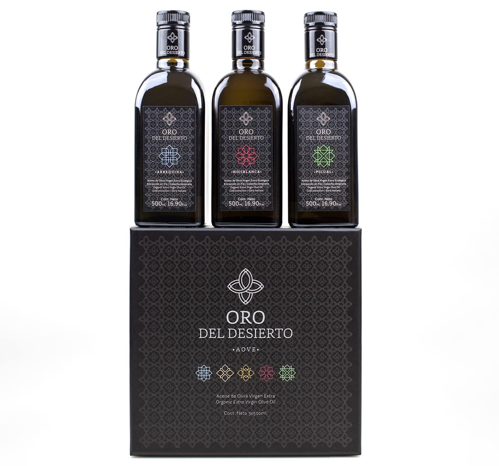 Oro del Desierto ORO DEL DESIERTO - Spanish Organic Extra Virgin Olive Oil (Arbequina, Hojiblanca and Picual Varieties) - Pack of 3 x 500 ml