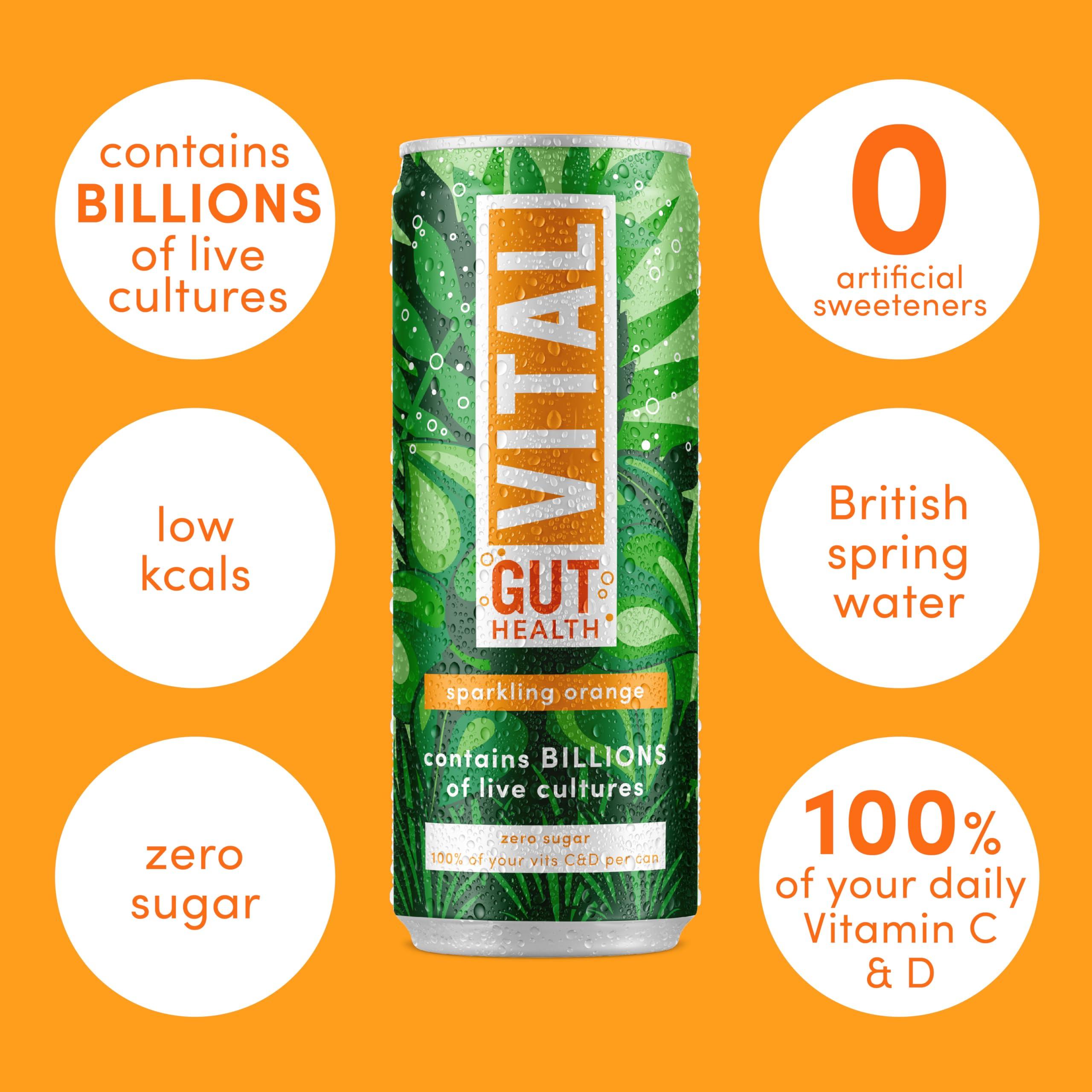 VITAL VITAL Gut Health Drink, Contains Billions of Live Cultures, Contains 100% of Vitamins C and D, Sugar Free, Zero Calories, Orange Flavoured Sparkling Water, Contains 12 x 330ml cans