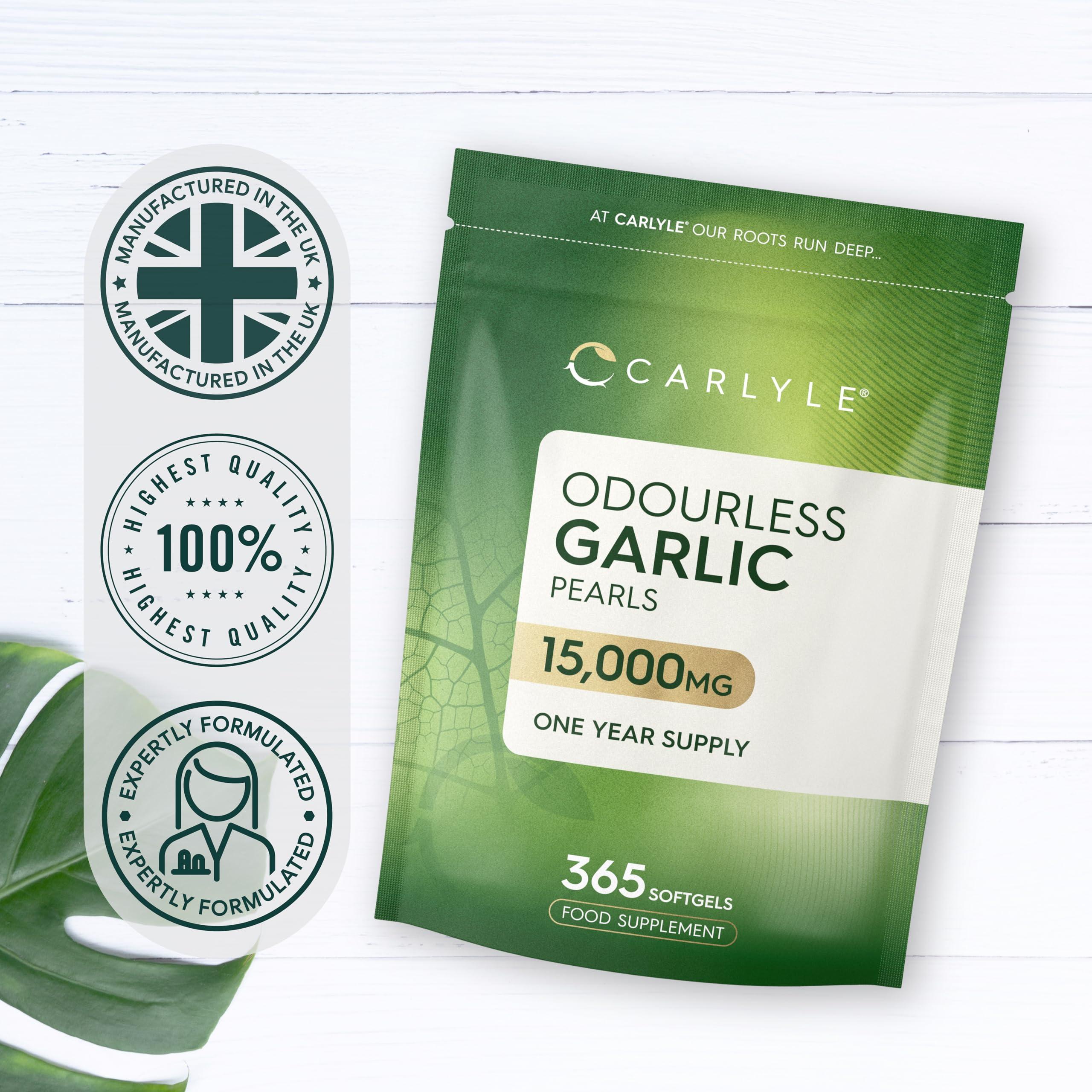 Carlyle Odourless Garlic Capsules 15,000mg | 365 Count (1 Year Supply) | High Strength Garlic Oil Pearls with Allicin | No Artificial Preservatives | by Carlyle