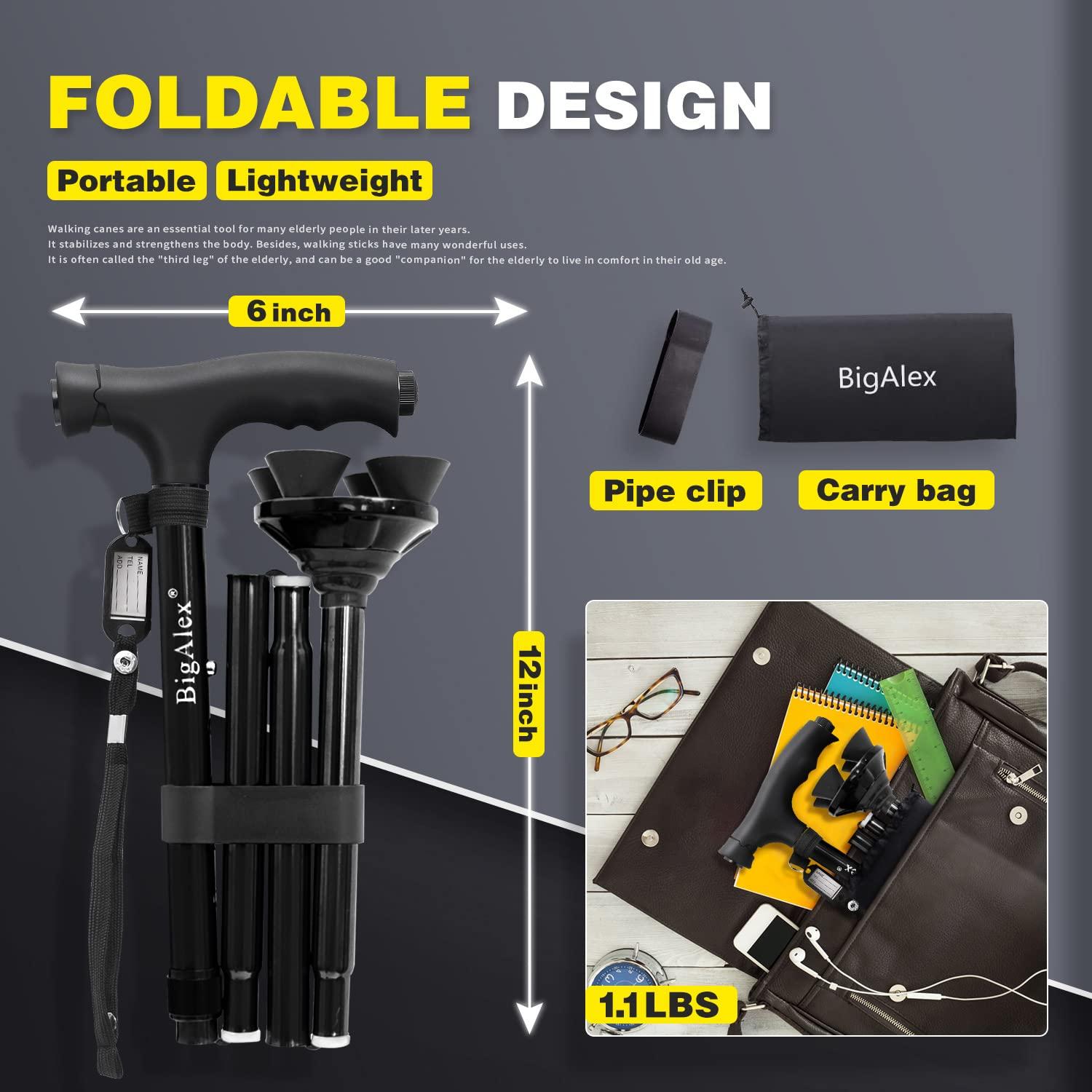 BigAlex BigAlex Folding Walking Cane with LED Light,Pivoting Quad Base,Adjustable Walking Stick with Carrying Bag for Man/Woman