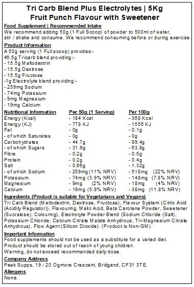 Peak Supps Tri Carb Plus - Fruit Punch - Electrolytes - Energy - Vegan (5kg)