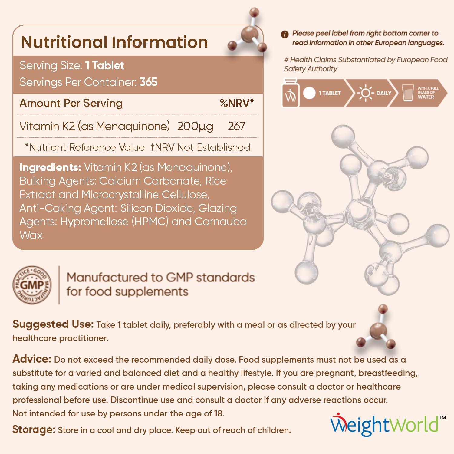 WeightWorld Vitamin K2 MK7 200mcg - 1 Year Supply - 365 Vegan K2 Vitamin Tablets (Not Vitamin K2 Capsules) - High Strength Menaquinone MK-7 - Gluten-Free K2 Vitamin Supplement for Bones