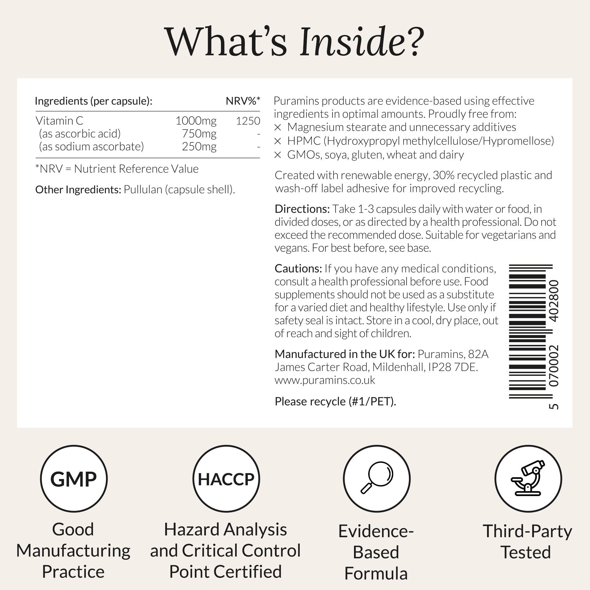 puramins Vitamin C 1000mg, Pure High Strength Vitamin C Capsules with No Additives, Fillers or Binders, Ascorbic Acid and Sodium Ascorbate Powder Complex Supplement, 90 Vegan Capsules, Made in UK by Puramins