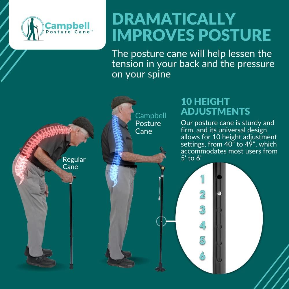 Posture Cane Campbell Posture Cane | Walking Cane for Men Women | Mobility Device Portable Lightweight Adjustable Self-Standing Folding Collapsible Hand Walking Stick 10 Height Adjustment 360 Traction Tip
