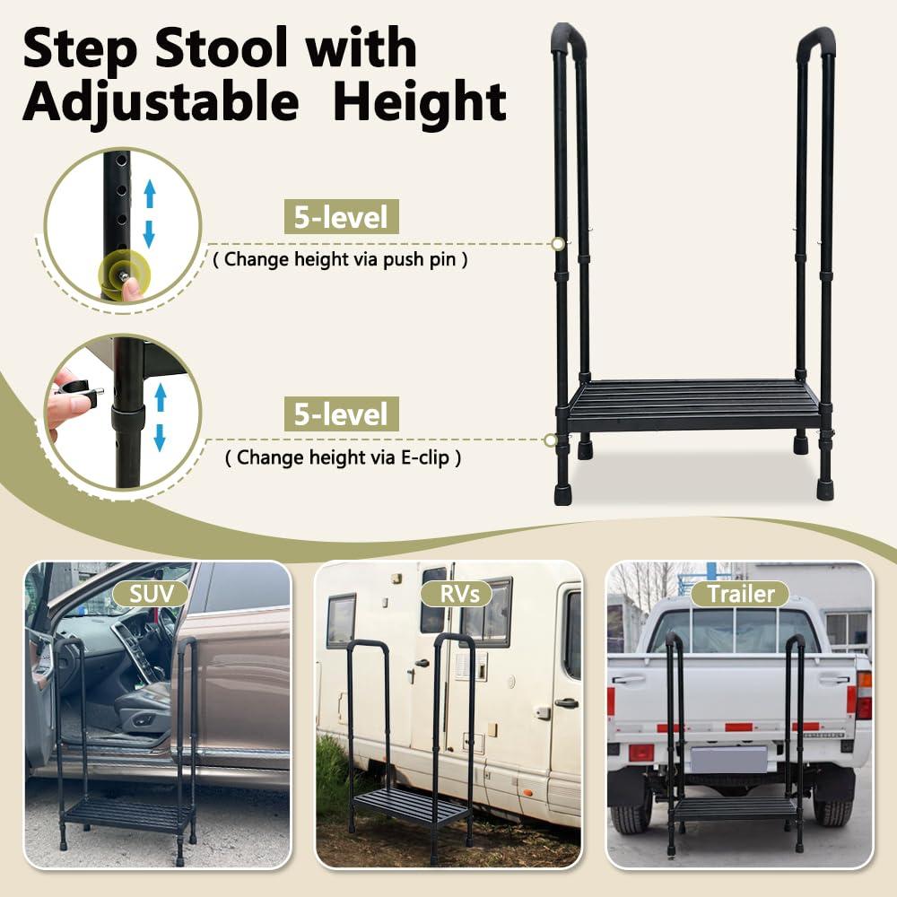 Mybow Medical Step Stool with Handle SUV Car Elderly Handicap Steps for RV Mobile Home with Handrail for Adults Seniors Bariatric Metal Stepping Stool Safety Step Assist Adjustable 400lb Footstool