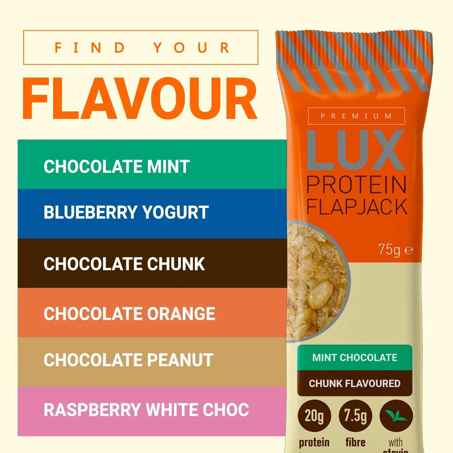 Bodybuilding Warehouse Premium LUX Protein Flapjack Bars - High Protein, Low Sugar Snack Bodybuilding Warehouse - Mint Chocolate Chunk (24 x 75g)