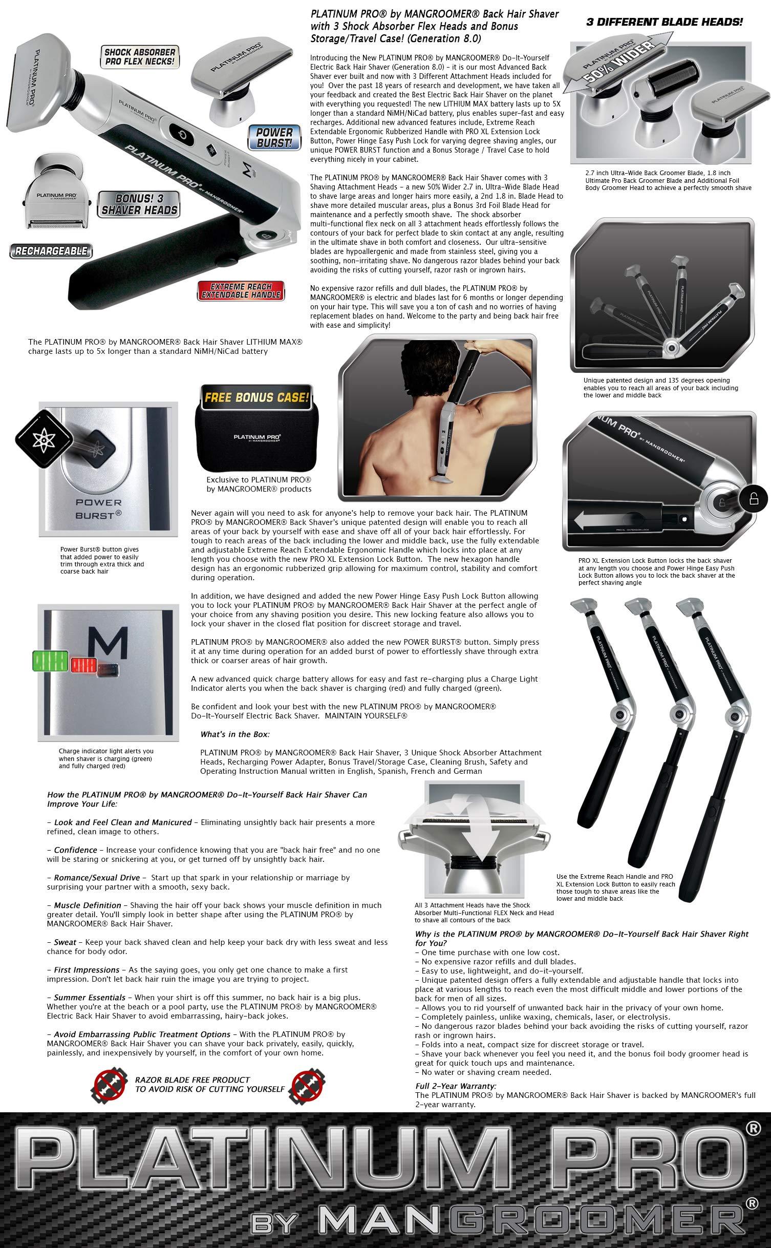 PLATINUM PRO by MANGROOMER MANGROOMER - PLATINUM PRO New Back Shaver with 3 Shock Absorber Flex Heads, Power Hinge, Extreme Reach Handle & Bonus Case! (Generation 8.0), 4 Piece Set