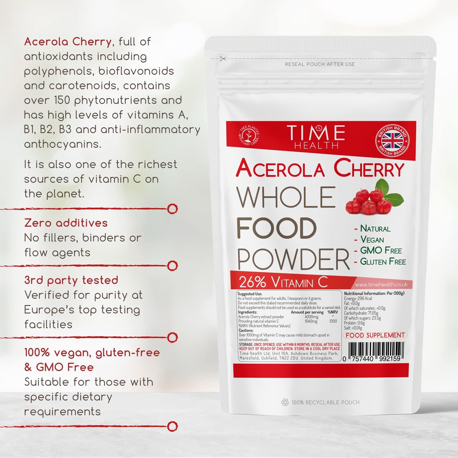 Time Health Acerola Cherry Spray Dried Juice Powder - Natural & Wholefood VIT C - 100g 250g 500g 1kg (250g Powder Pouch)