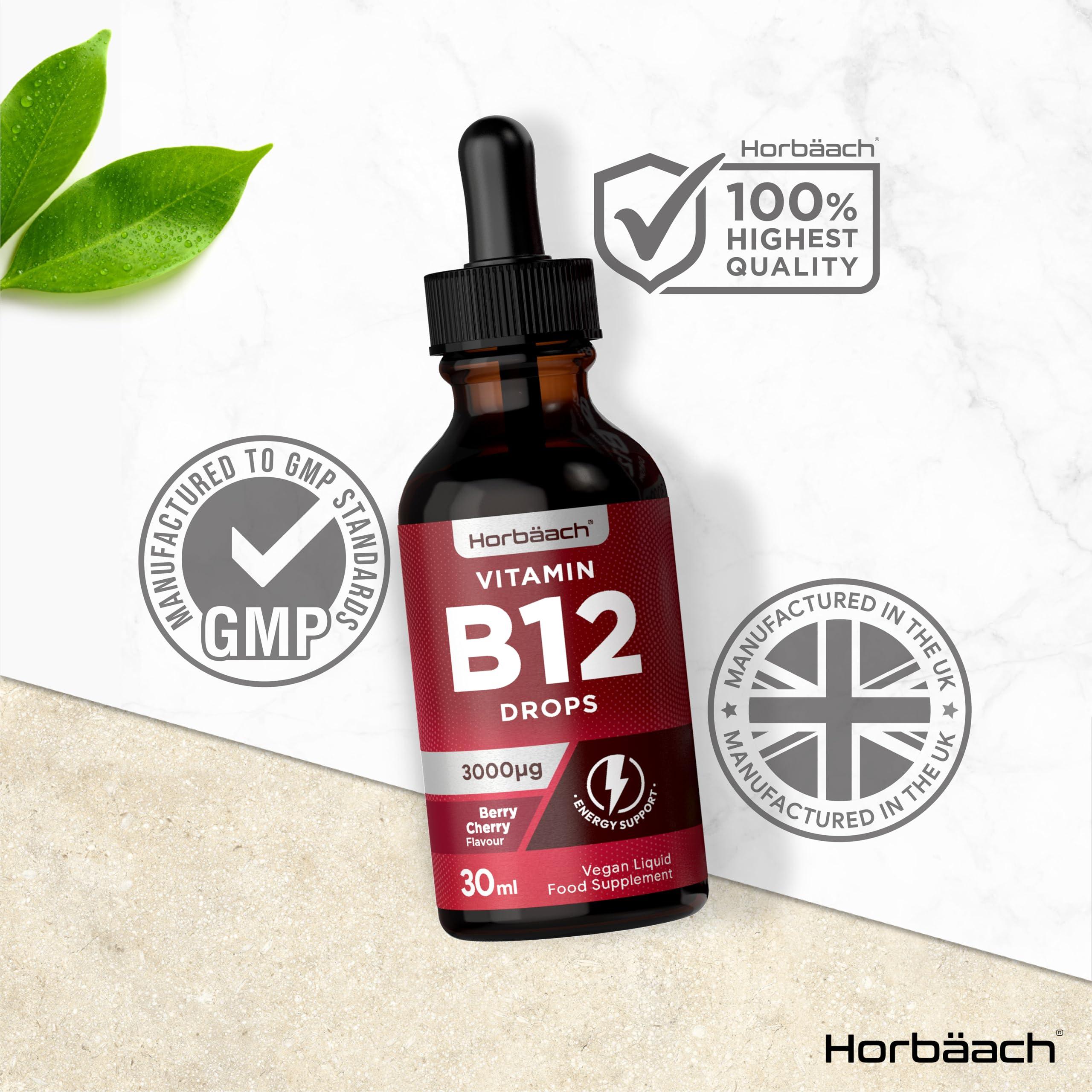 Horbach Vitamin B12 Drops High Strength 3000mcg | 30ml | Daily Oral Drop Supplement | Berry Cherry Flavoured Liquid | Suitable for Vegans & Vegetarians | by Horbaach