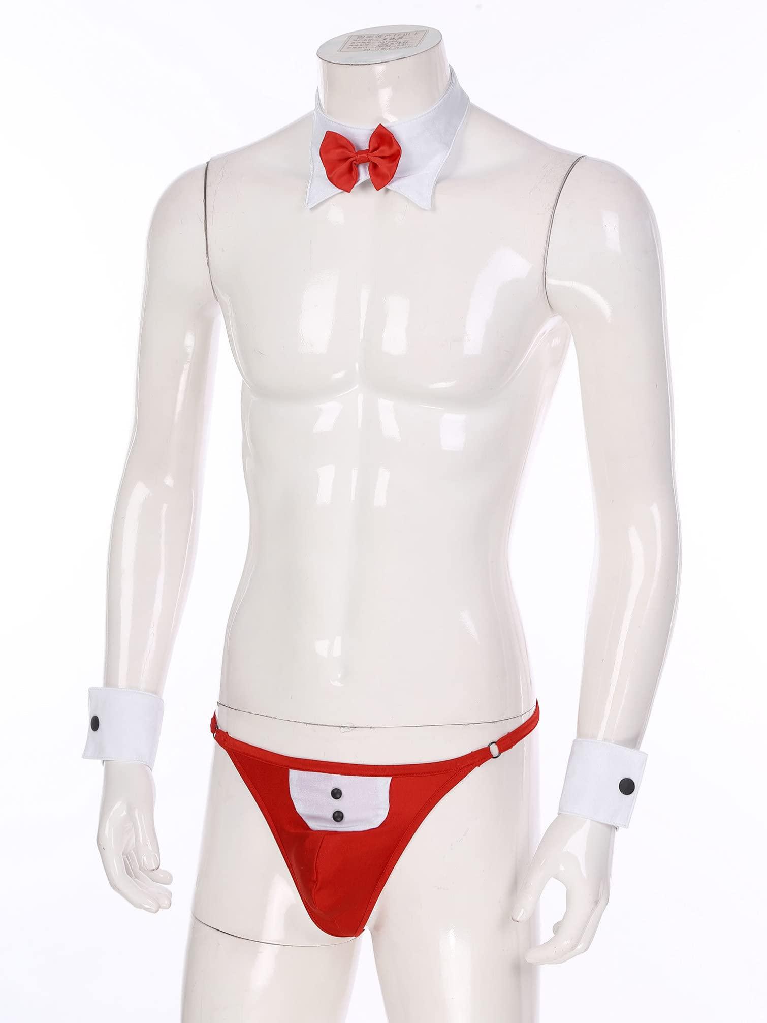 TiaoBug TiaoBug Novelty Sexy Men Waiter Lingerie Tuxedo Tux Stripper Thong G-String Set Costume Outfits Red M