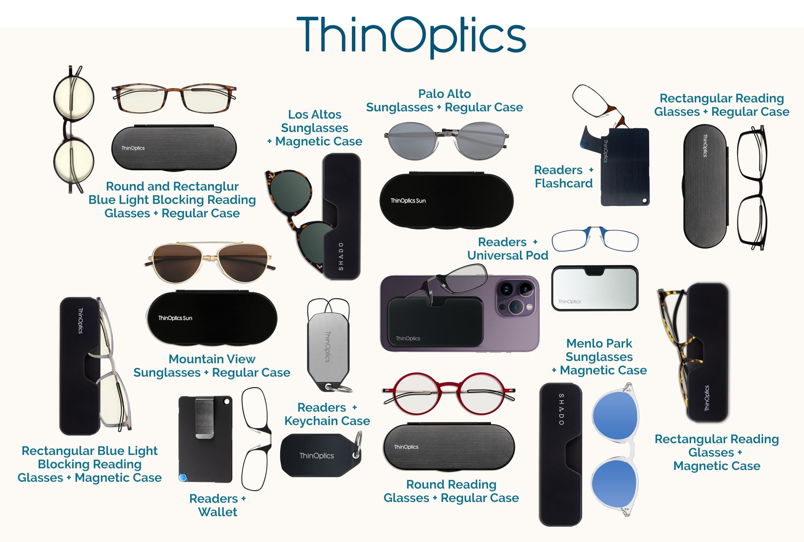 ThinOptics ThinOptics Reading Glasses 1.50 Black Frames with Colour Burst Universal Pod Compact Case - Ultra-light Foldable Rectangular Glasses - Clip-on Nose - 1.50 Strength with Flex-Fit Technology