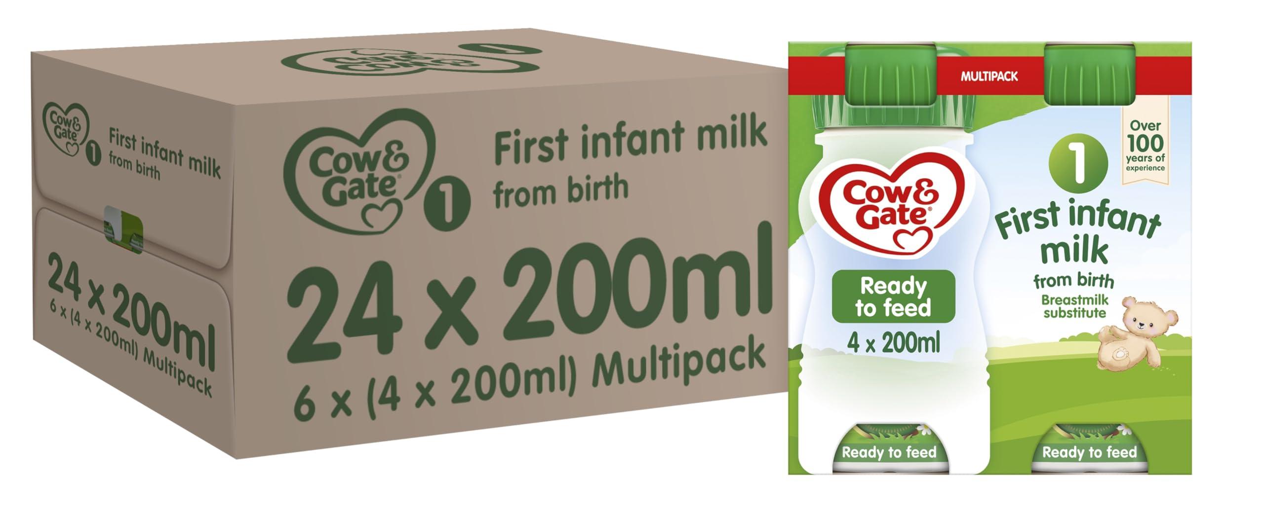 Cow & Gate Cow & Gate 1 First Infant Baby Milk Ready to Use Liquid Formula, from Birth, 4x200ml (Pack of 6, Total 24 Bottles) (Packaging may vary)
