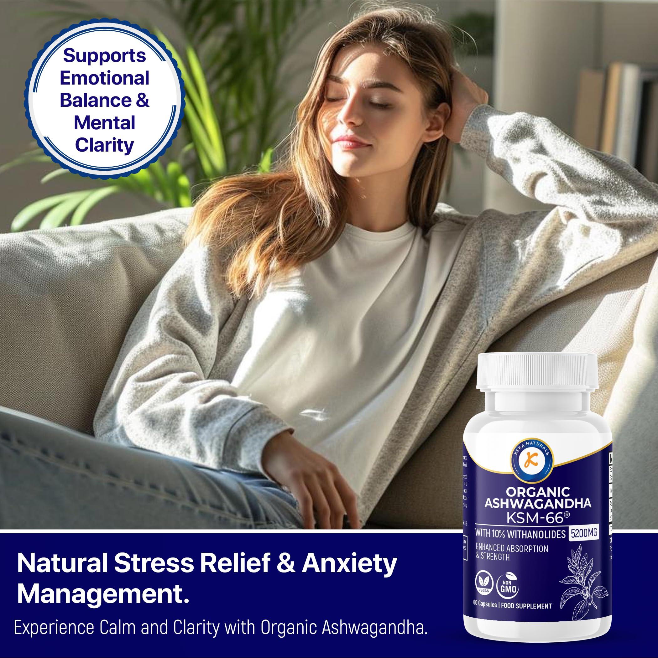 Keka Naturals Ashwagandha KSM-66-5200mg - 10% Withanolides - Enhanced Absorption and High Strength - All Natural, Non-GMO - 60 Vegan Capsules