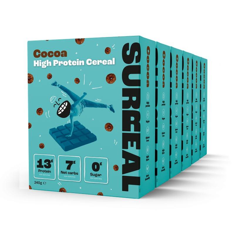 Surreal Surreal Cocoa - High Protein Cereal 6 Pack - Zero Sugar- Healthy Plant Based Cereal - High in Fibre - Low Carb - Gluten Free - Vegan - 13g of Protein, 0g of Sugar - 240g per Box