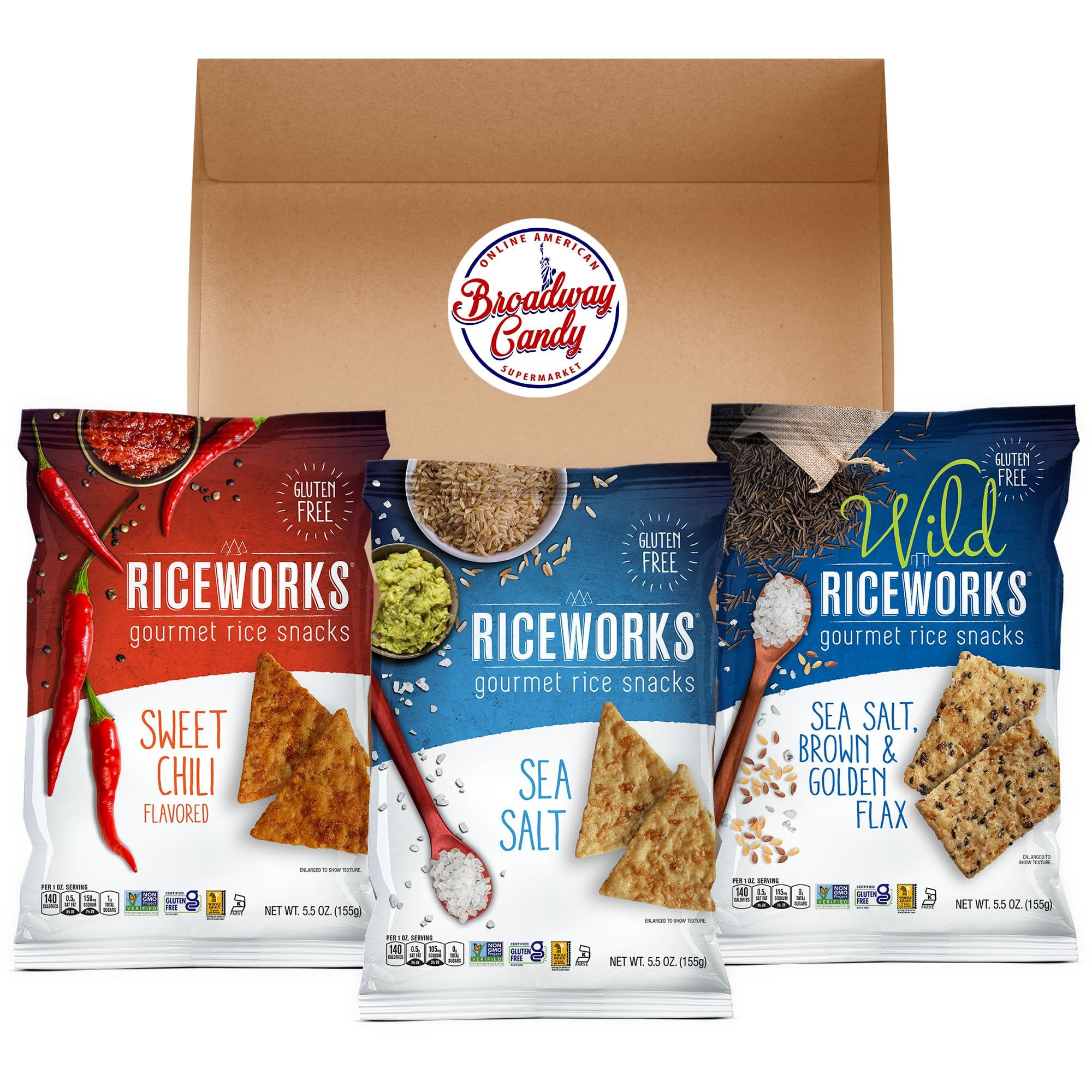 Broadway candy Riceworks Gourmet Rice Snacks Variety Pack - Sea Salt, Sweet Chili, & Wild Sea Salt with Flax, Gluten-Free, Crunchy Snack