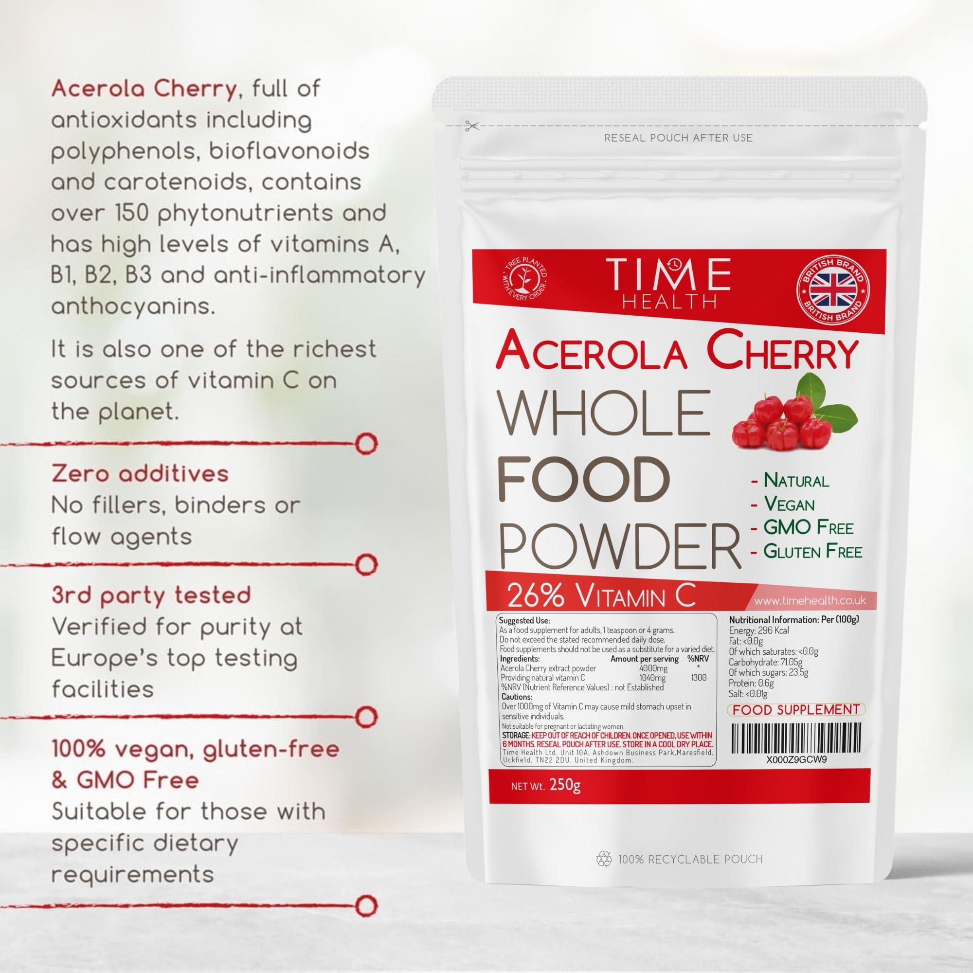Time Health Acerola Cherry Spray Dried Juice Powder - Natural & Wholefood VIT C - 100g 250g 500g 1kg (250g Powder Pouch)