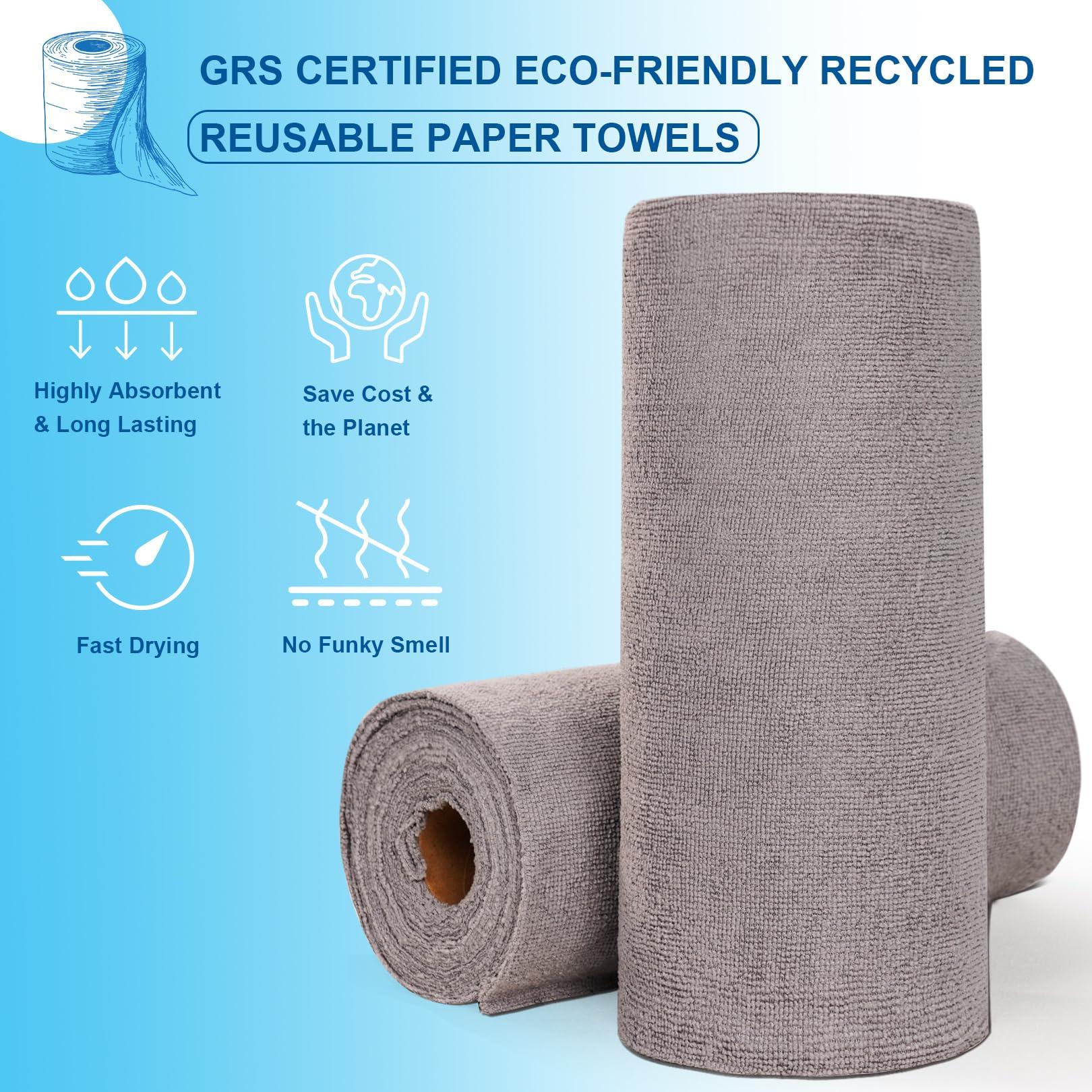 Poyday Reusable Paper Towels Washable Roll: 50Pack Paperless Paper Towels Tear Away 12x12In Absorbent Cloth Paper Towels Reusable Washable for Kitchen Zero Waste (Gray)
