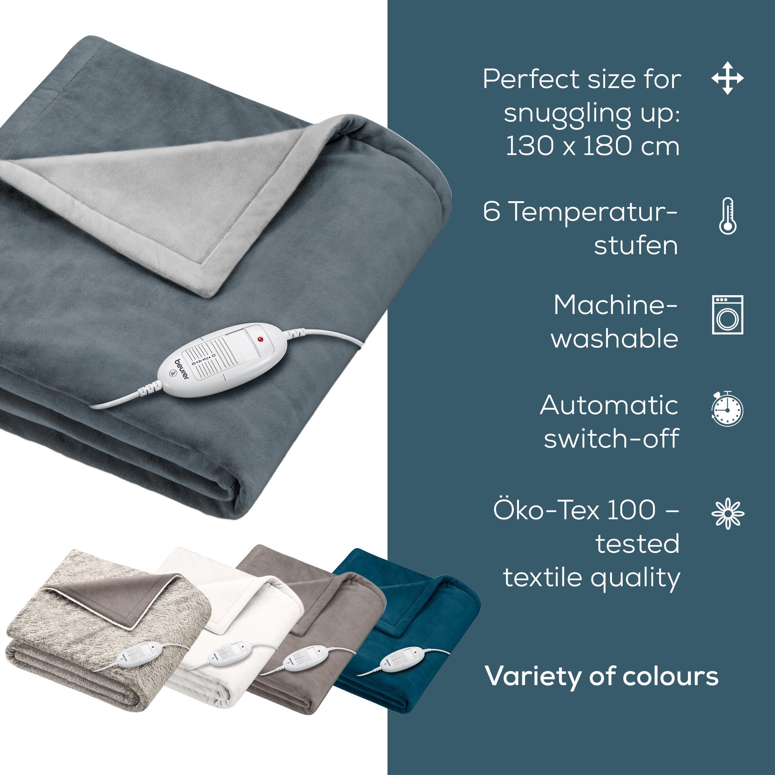 Beurer Beurer HD75 Electric Blanket with 6 Temperature Settings, Soft Heated Throw for Cosy Sofa Nights, Automatic Switch-Off & Safety System, Machine-Washable, Grey, 180 x 130 cm, 100 watts