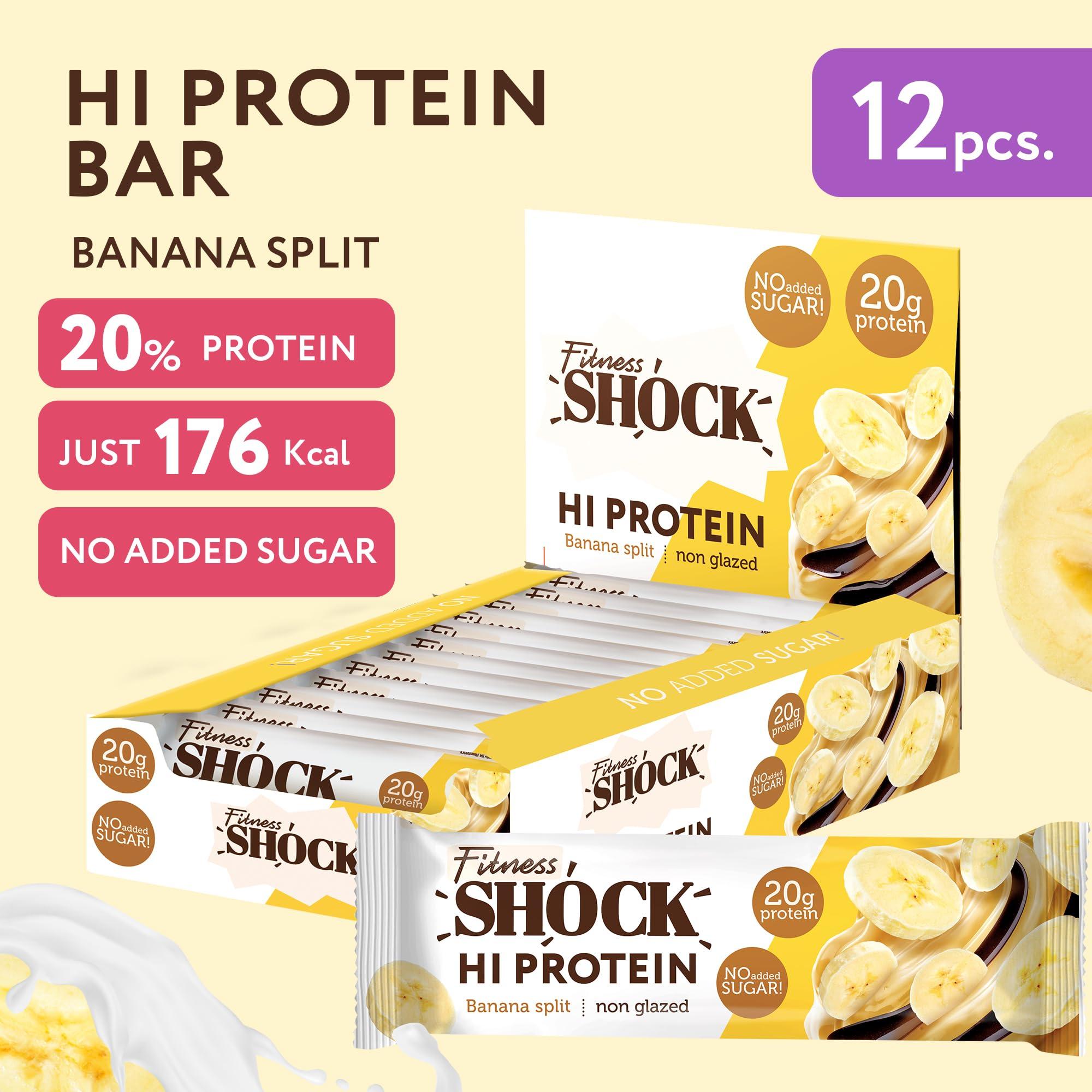 FitnesSHOCK FitnesSHOCK High Protein Bars - High 20G Protein Content Protein Bar With No Added Sugar, Low Calorie Low Carb High Fibre, Banana Split Flavour 12Pcs 60G