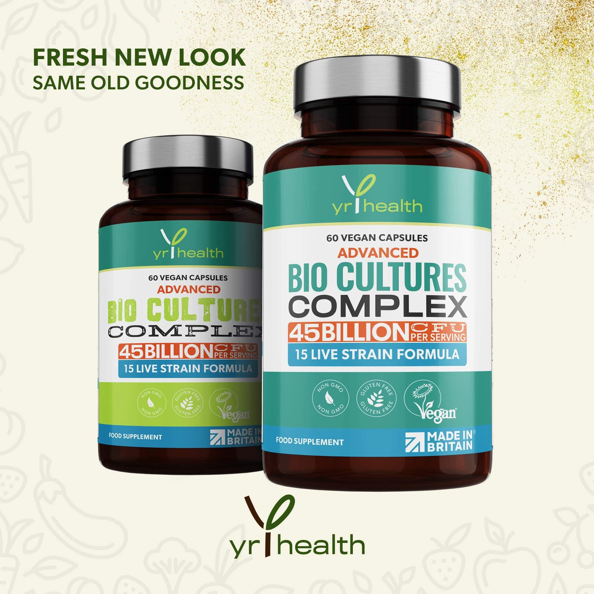 yrhealth Vegan Bio Cultures Complex - 45 Billion CFU, 15 Active Bacteria Strains - Maximum Strength Multi Strain Complex - Probiotics Women Gut Health and Men, 60 Capsules - Made in The UK by YrHealth