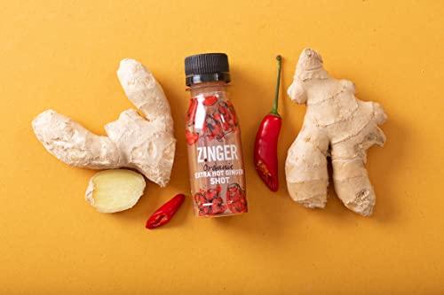 Zinger Zinger extra hot ginger shot (Pack of 15 x 70ml). Organic plant based shot with 27.9g of pressed ginger juice. Natural kick in a pocket-sized format with no added sugar.
