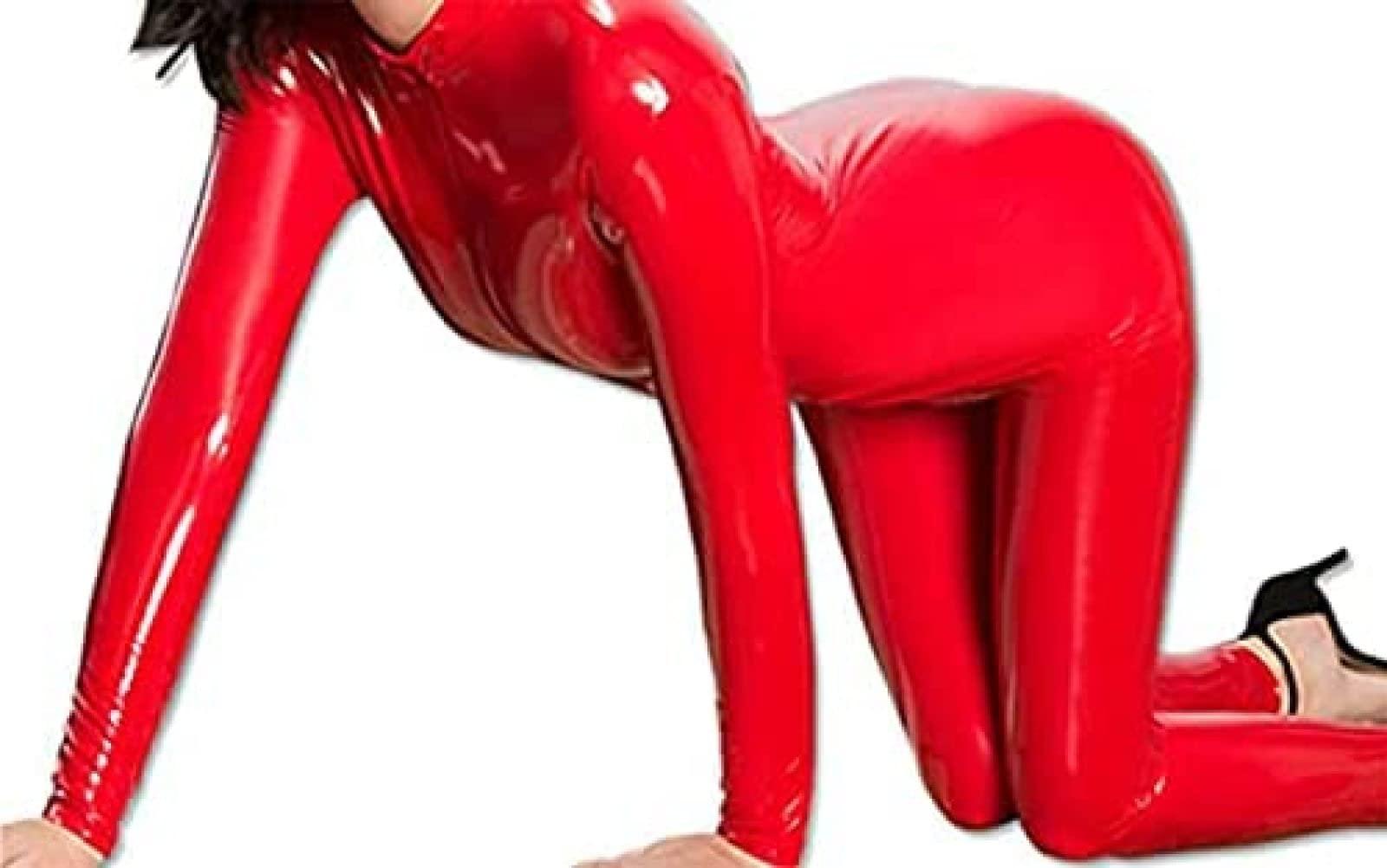 ANTIY Women Faux Leather Bodysuit Sexy Wetlook Lingerie Front Zipper Clubwear Party Costumes,Red,Small