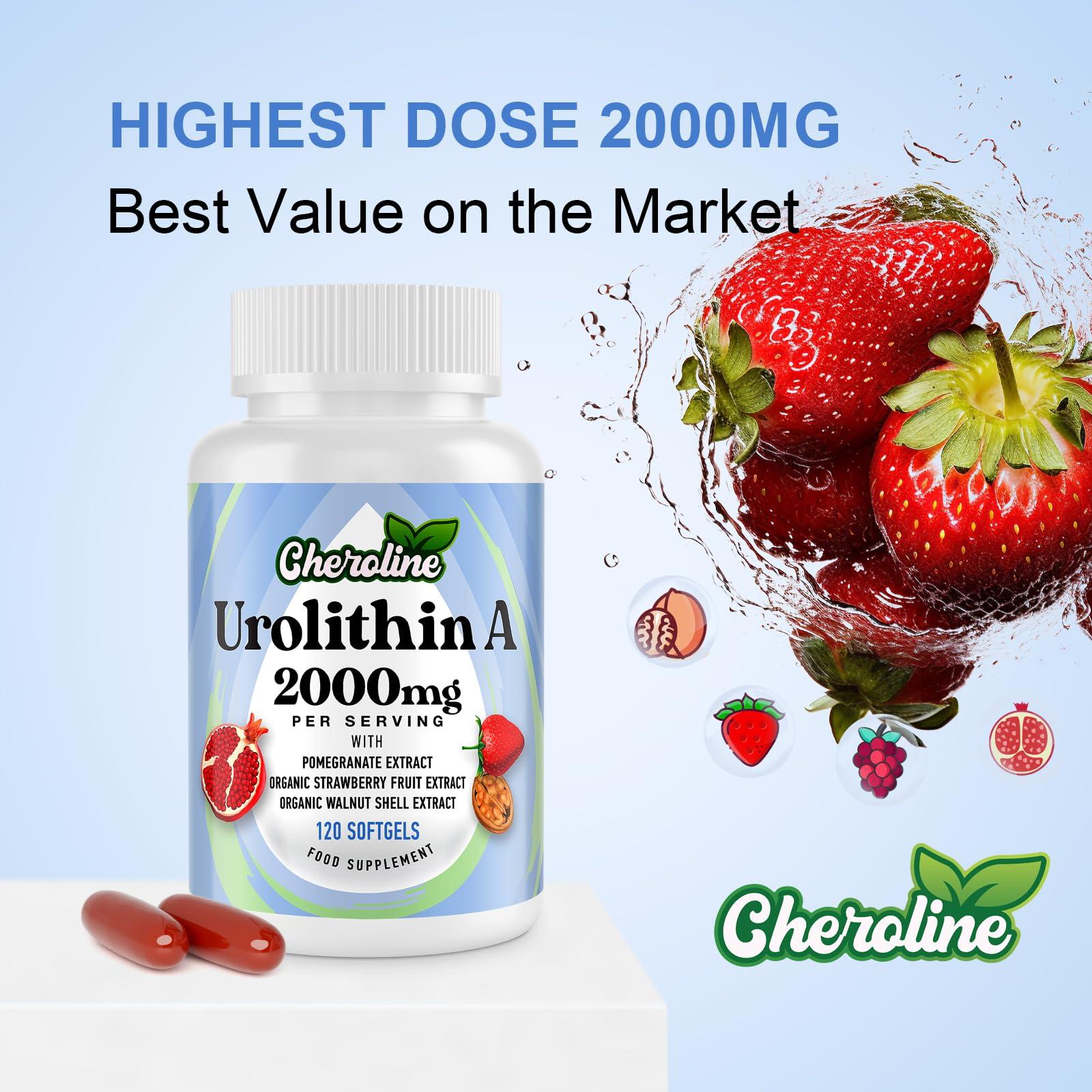 Cheroline Urolithin A Supplement 2000mg - 120 Softgels 60-Day Supply - Enhanced with Pomegranate, Strawberry, and Walnut Extracts - for Mitochondria, Energy, Antioxidants & Cellular (120 Count (Pack of 1))