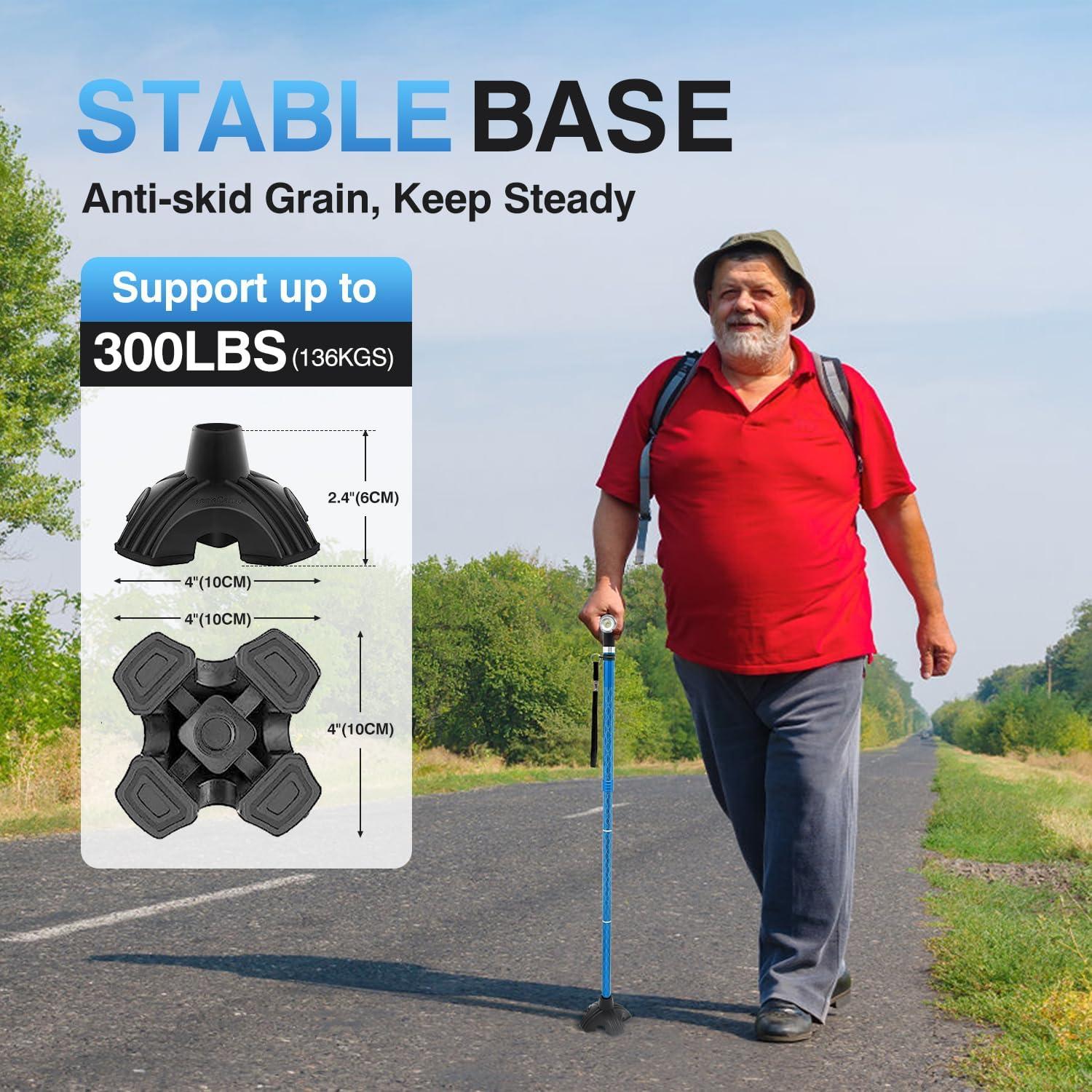 BeneCane BeneCane Walking Cane for Women Folding Cane for Men with Two Led Lights Quad Cane with Stable Base Lightweight and Adjustable Walking Stick (Blue)