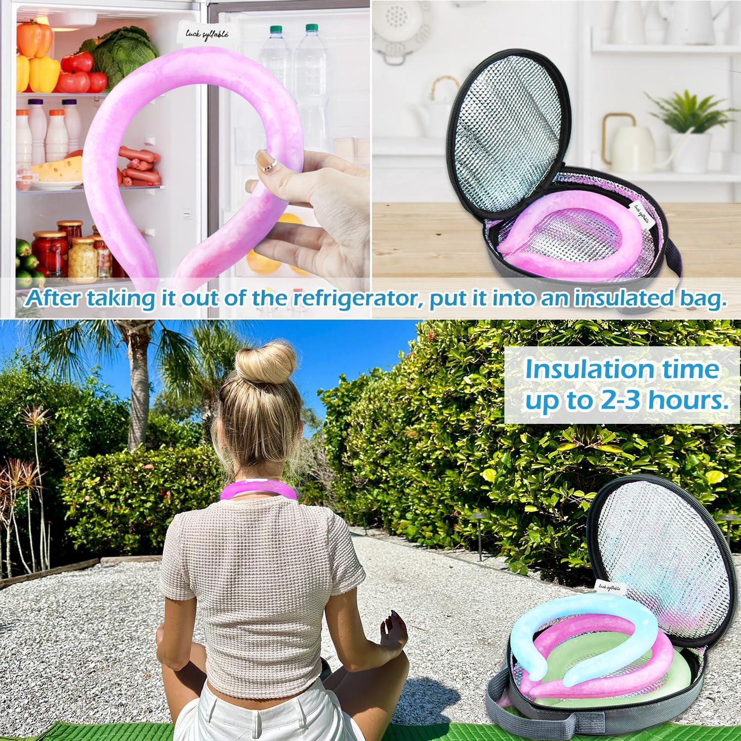 LUCK SYLLABLE Neck Cooling Tube with Cold Insulated Bag, Reusable Wearable Neck Cooler Ring, Cooling Neck Wraps for Summer Heat Outdoor Indoor (Pink*2)