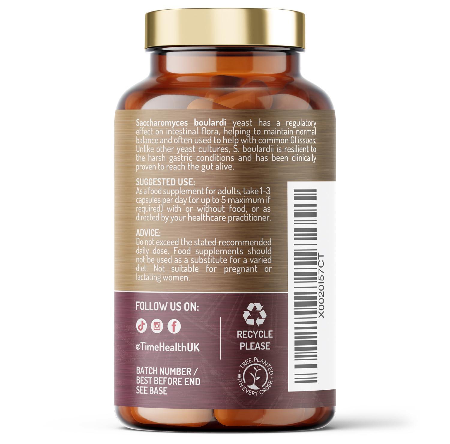 Time Health New: Saccharomyces Boulardii Probiotic 6 Billion CFU 120 Capsules Travel Ready S Boulardii (No Refrigeration Required) Proven to Reach The Gut Alive Vegan GMP UK Supplement