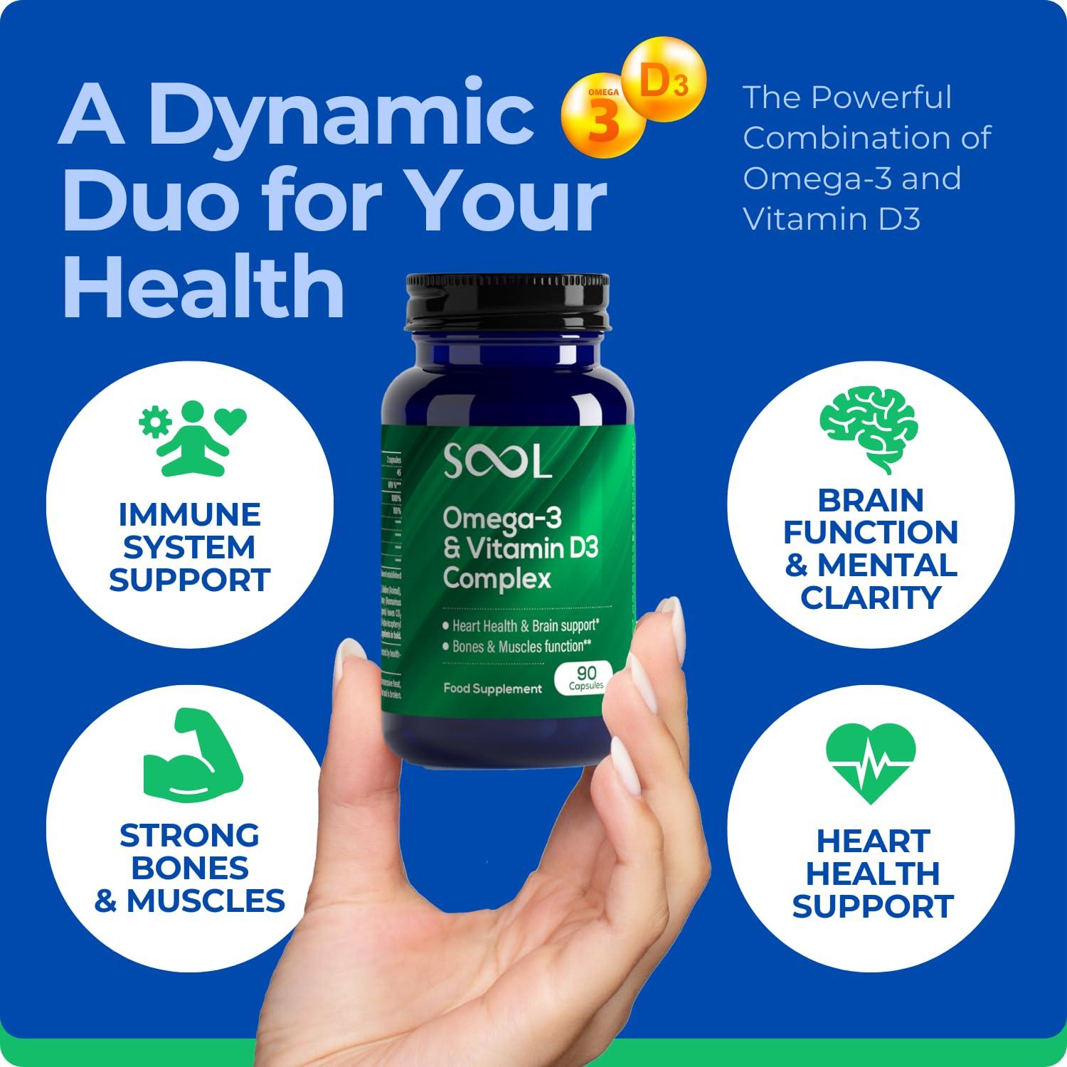 SOOL SOOL Omega-3 & Vitamin D3 Complex Soft Gels, 90 Capsules I 20% EPA & 50% DHA I Two-a-Day Omega-3 Supplement I Vitamin D3 2000IU per Serving I High Absorption Formula I Brain Function & Mental Clarity