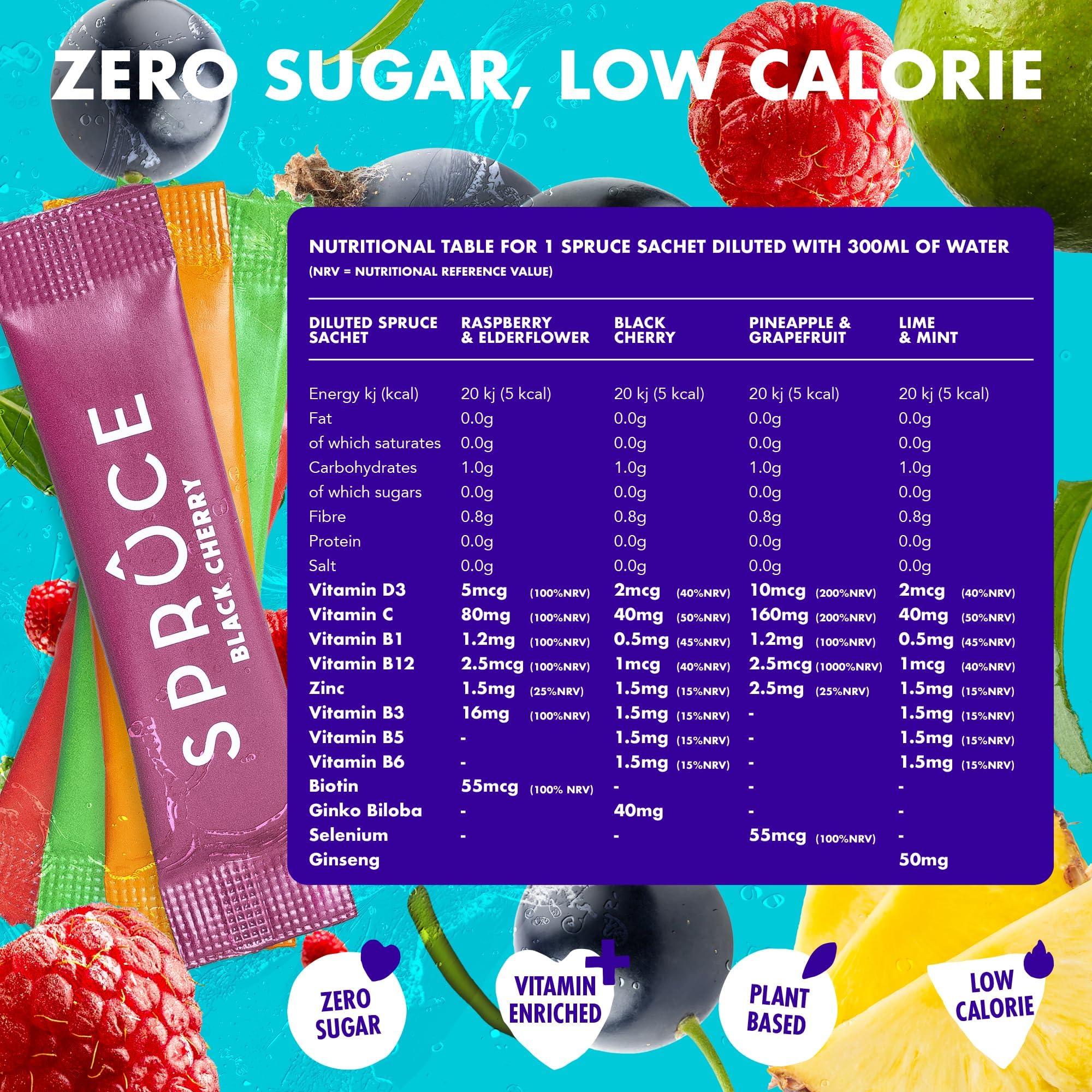 Spruce Spruce Water Flavouring & Enhancer Sugar-Free Hydration Powder with Vitamins Natural Raspberry & Elderflower and Black Cherry Flavour, Real Fruit Concentrate 2 Flavours - 24 Sachets