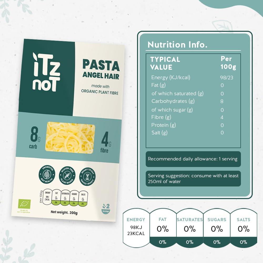 ITZ NOT iTz noT jusT PASTA ANGEL (Pack of 6, 200g Each) Ready cooked, Shirataki, Moyu, Konjac Plant Fibre Pasta, Low Carb, & No Added Preservatives, Healthy, Gluten Free, Gut Health. 100% Natural