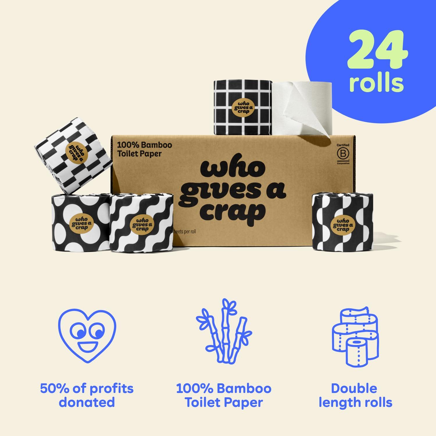 Who Gives A Crap Who Gives A Crap Premium Bamboo, Twice as Long, Toilet Roll, Box of 24 (3-Ply, 370 Sheets) Luxuriously Soft, Strong, Sustainable, Biodegradable & Plastic-Free