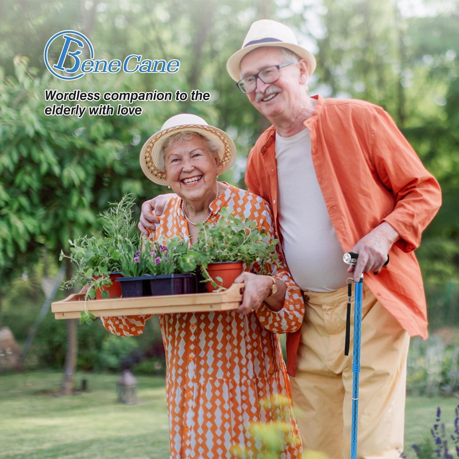 BeneCane BeneCane Walking Cane for Women Folding Cane for Men with Two Led Lights Quad Cane with Stable Base Lightweight and Adjustable Walking Stick (Blue)