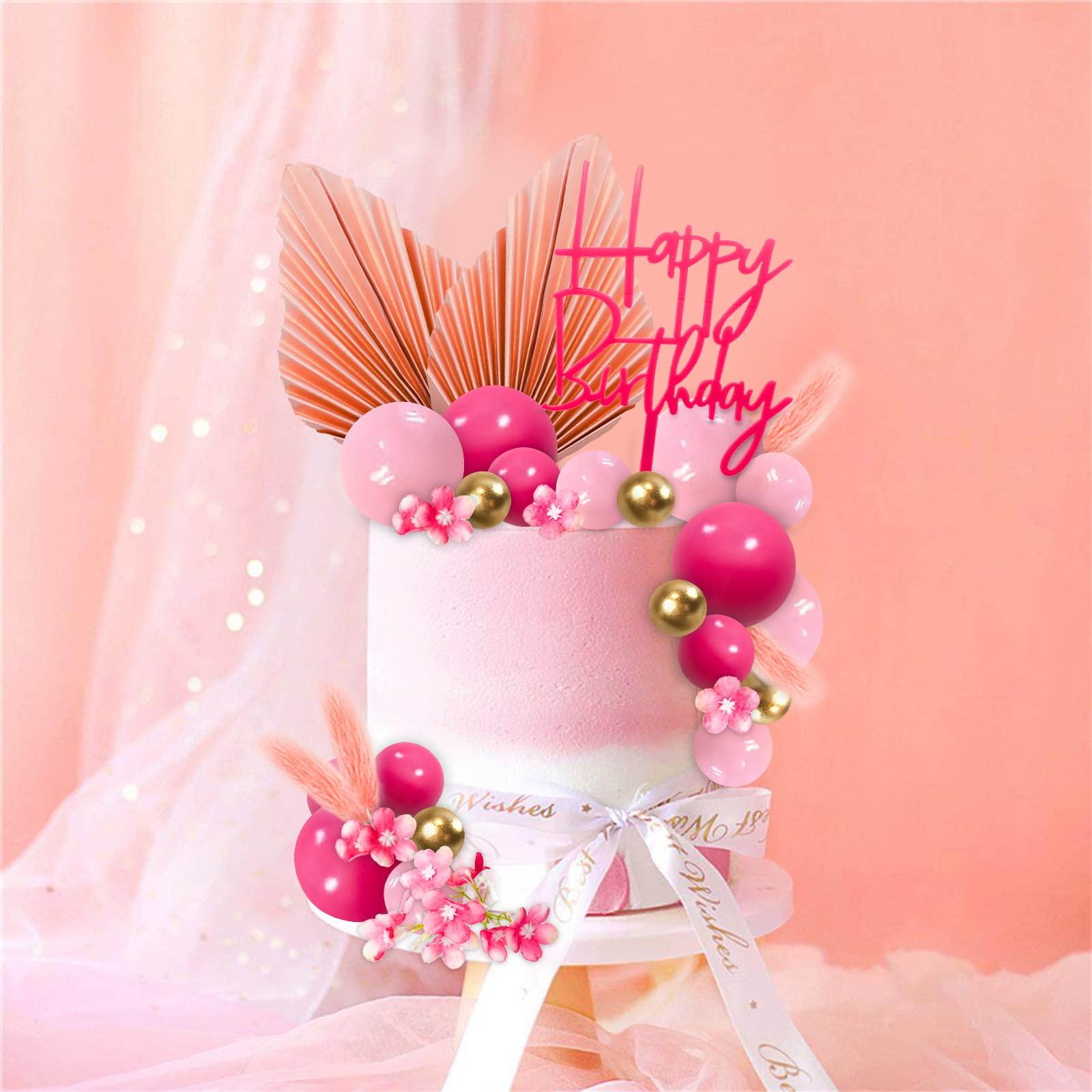 MEMOVAN MEMOVAN 29pcs Flower Boho Cake Topper Ball Cake Decorations Hot Pink Gold Balls Palm Leaves Artificial Plants Cake Decor for Girl Bohemian Hot Pink Princess Theme Wedding Baby Shower Birthday Party