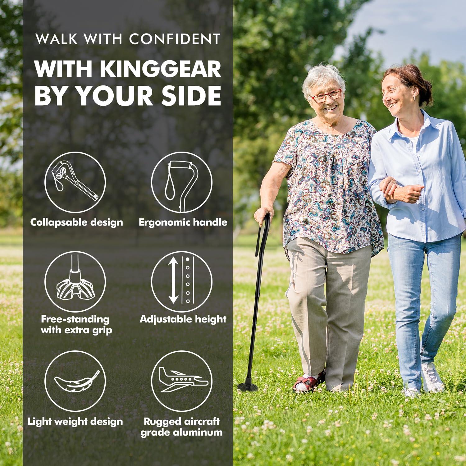 KINGGEAR KINGGEAR Adjustable Cane for Men & Women - Lightweight & Sturdy Offset Walking Stick - Mobility Aid for Elderly, Seniors & Handicap Black