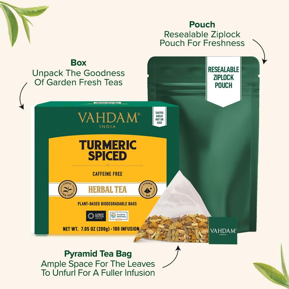 VAHDAM VAHDAM, Turmeric Spice Herbal Tea Bags (100 Pyramid Tea Bags) Caffeine Free | Non GMO, Gluten Free | 100% Pure Herbal Tisane - Savory & Spicy | Whole Loose-Leaf Tea Bags | Resealable Ziplock Pouch