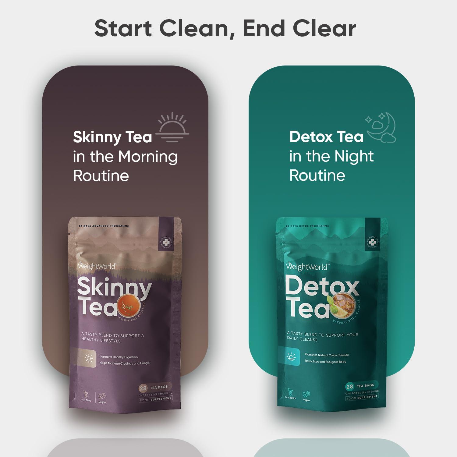 WeightWorld Skinny & Detox Tea Combo | Green Tea, Spearmint, Dandelion Root, Ginger, Lemongrass, Moringa & Oolong | For Morning & Night Routines | 56 Bags | 28 Days Programme | Zero-Calorie Herbal Blend